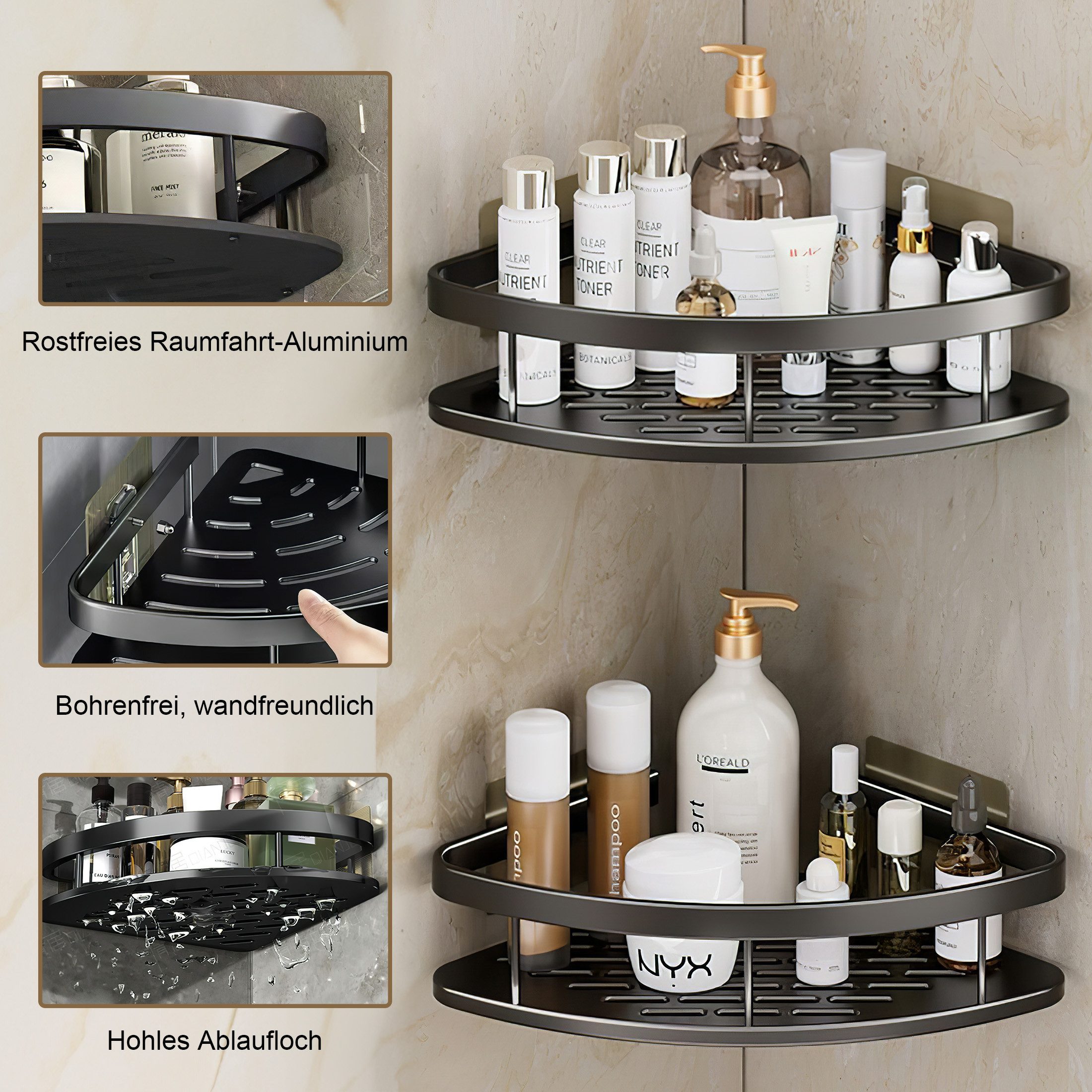 ANYSUN Duschablage Duschregal ohne Bohren, 2-tlg., Badezimmer Organizer, Shampoo Halterung für Dusche, rostfreie Badregal