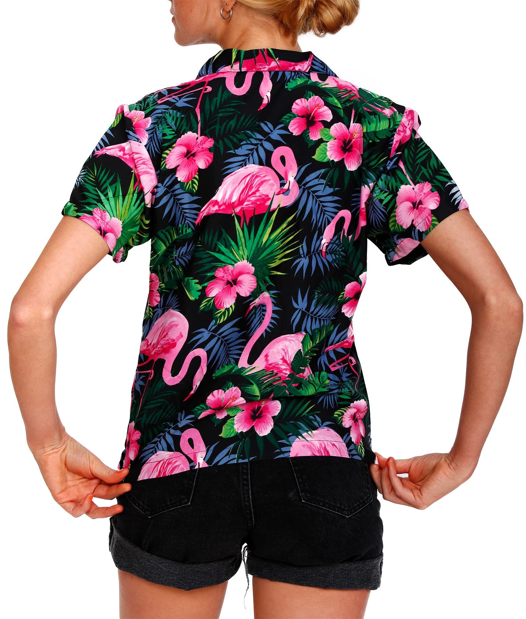 King Kameha Hawaiihemd Flamingo Flowers Funky Hawaiibluse Damen Kurzarm Front-Tasche Stylish