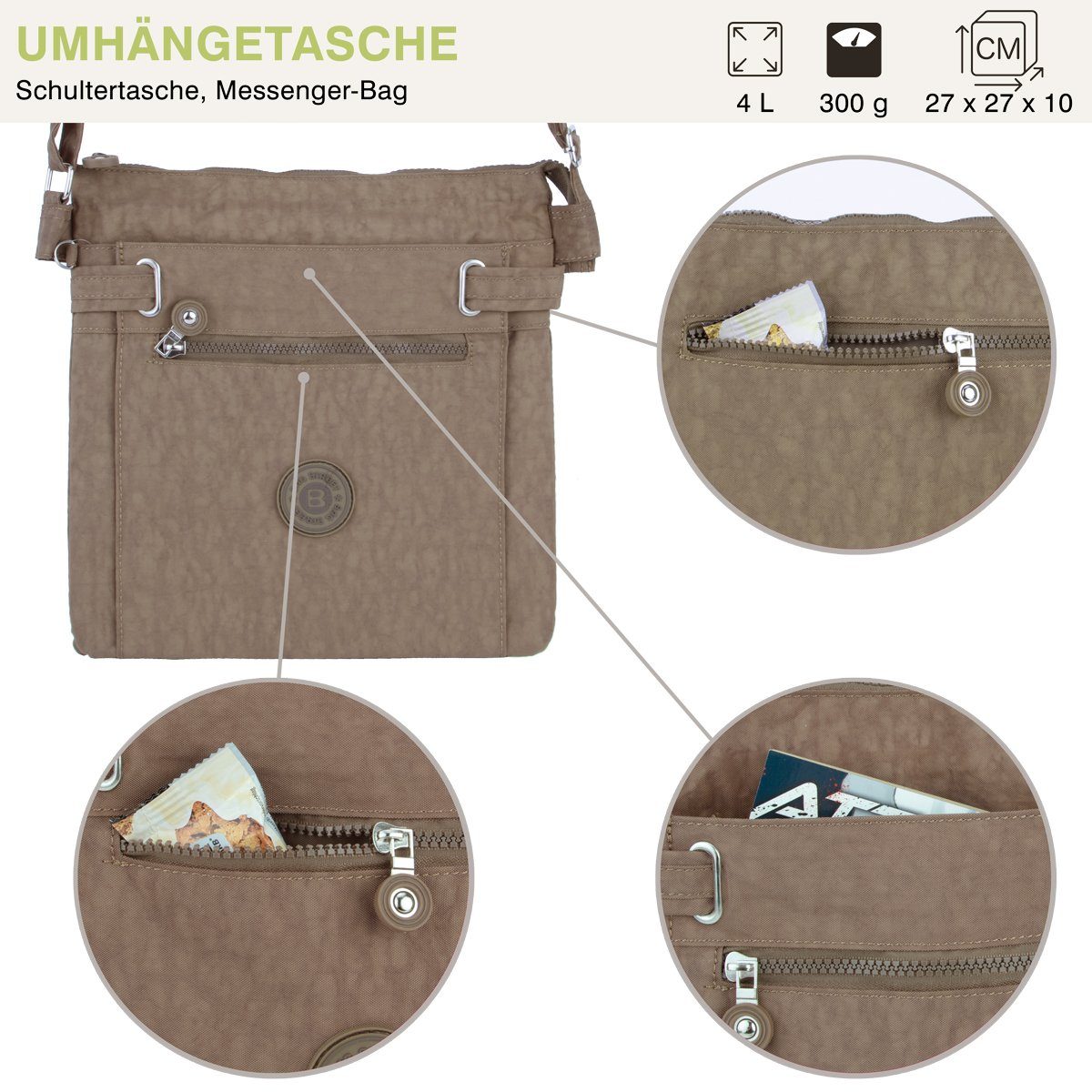 braun Urlaub Reise viel Sportive Stauraum Bag 3-Fächer City-Tasche Umhänge-Tasche mit compagno Henkeltasche, Kuriertasche