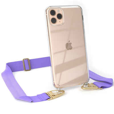 EAZY CASE Handykette Silikon Kette Karabiner für Apple iPhone 11 Pro Max 6,5 Zoll, Hülle mit Band 2in1 Handyband Etui Case mit Kordel Flieder Lila Gold