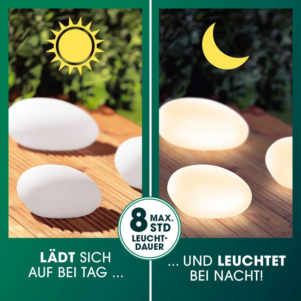 EASYmaxx LED Solarleuchte LED Solarleuchte mit Fernbedienung - 3 kaltweiße Leuchten Solarbetrieb, Stein Form, mit Farbwechsel - dimmbare Helligkeitsstufen, 12 Farben, 5 Leuchtmodi