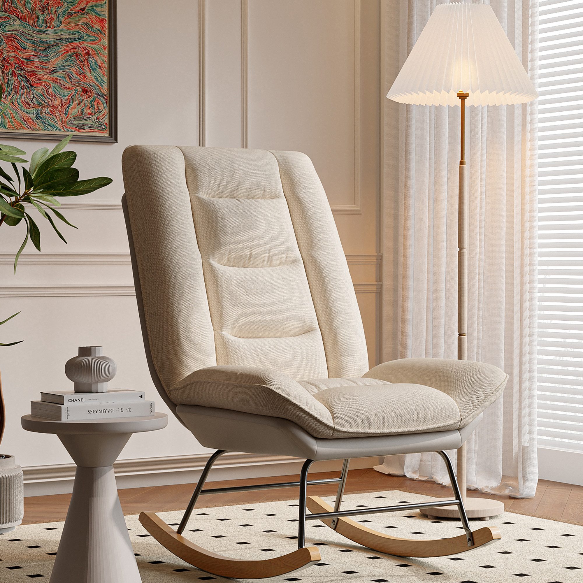 BELUPAI Schaukelstuhl Relaxsessel Schaukelsessel,mit Massivholz Füßen und Metallgestell (Set, 1 St), Verstellbarer Rückenleh Nenneigung,Beige-A