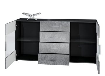 Vladon Sideboard Bari (Kommode mit 2 Türen, 4 Schubladen und 2 flexible Glaseinlegeböden), Schwarz matt/Beton Dunkel Optik (139 x 72 x 35)