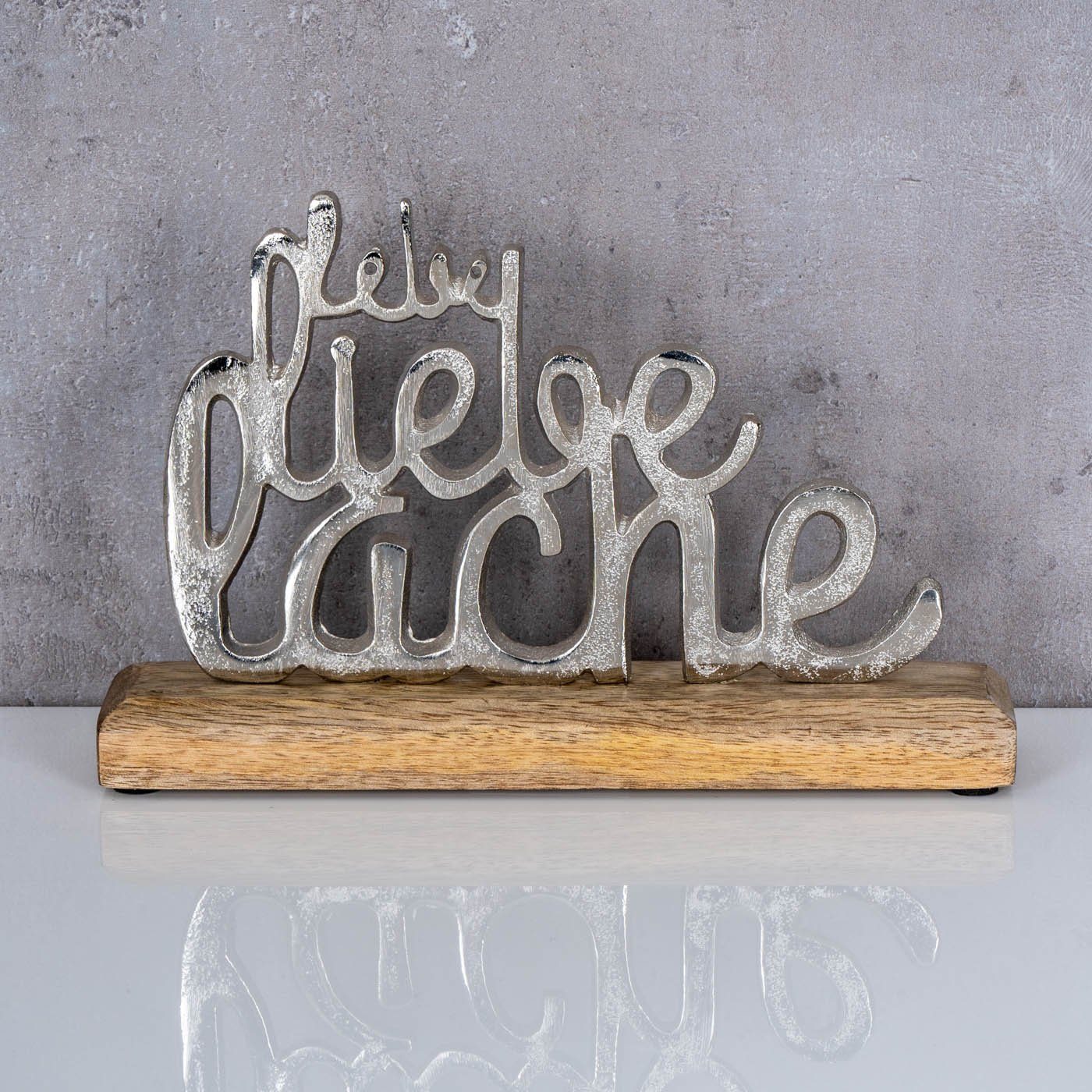 Levandeo® Deko-Schriftzug, Schriftzug Lebe Lache Liebe Metall Silber Mango Holz Aufsteller