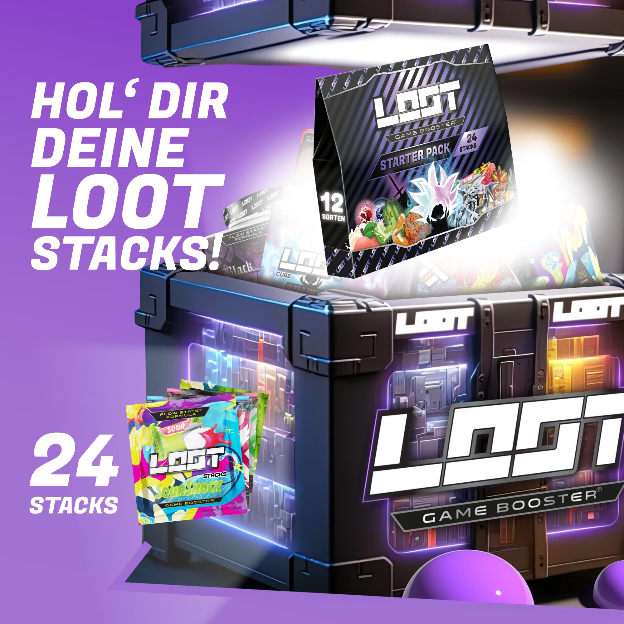 LOOT LOOT® Game Booster Probier-Set mit Koffein Taurin für Gaming Pulver, 24 St., 192 g, Enthält Koffein (200 mg pro Portion)