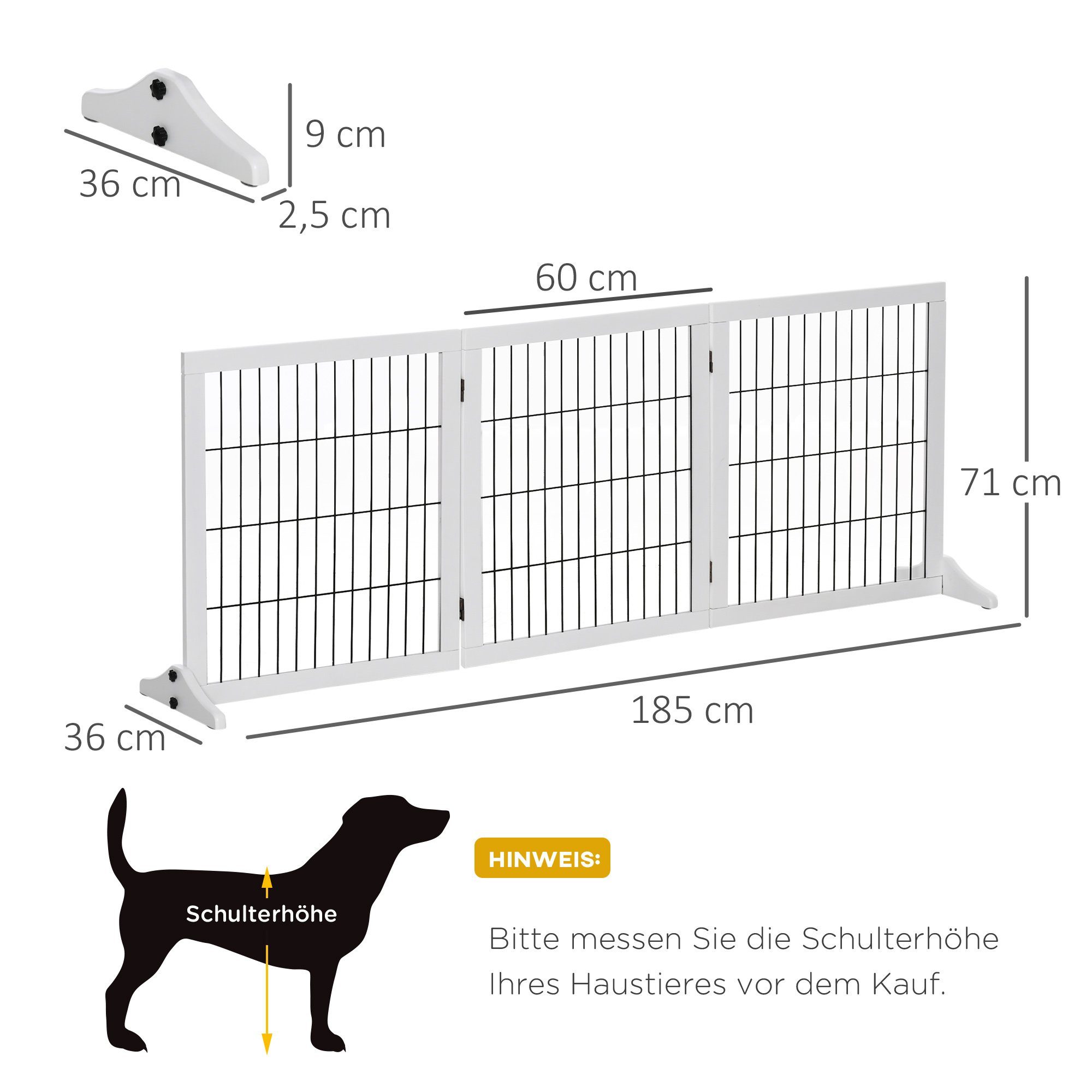 PawHut Hundegitter Absperrgitter Freistehendes Schutzgitter mit Füßen Holz (Hundeabsperrgitter, 1 St., Absperrgitter für Hunde), Weiß 185 x 36 x 71 cm