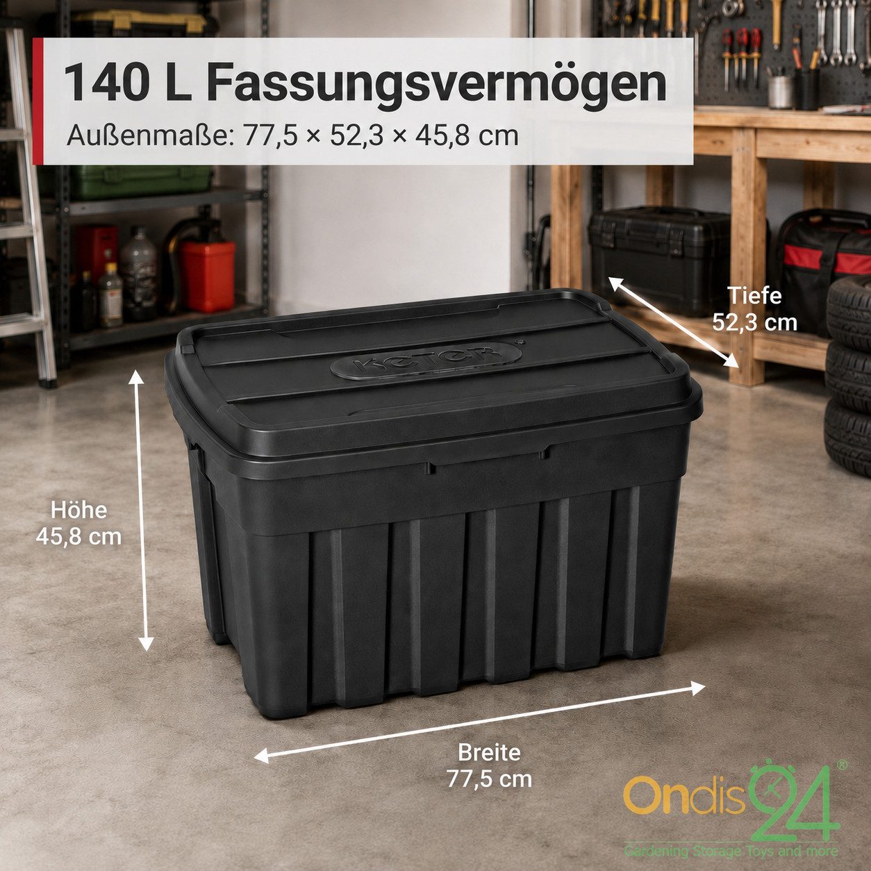 ONDIS24 Aufbewahrungsbox Tuffbox Lagerbox mit Deckel 140L schwarz, 77 x 52 x 47 cm, stapelbar, aus 100% recyceltem Material