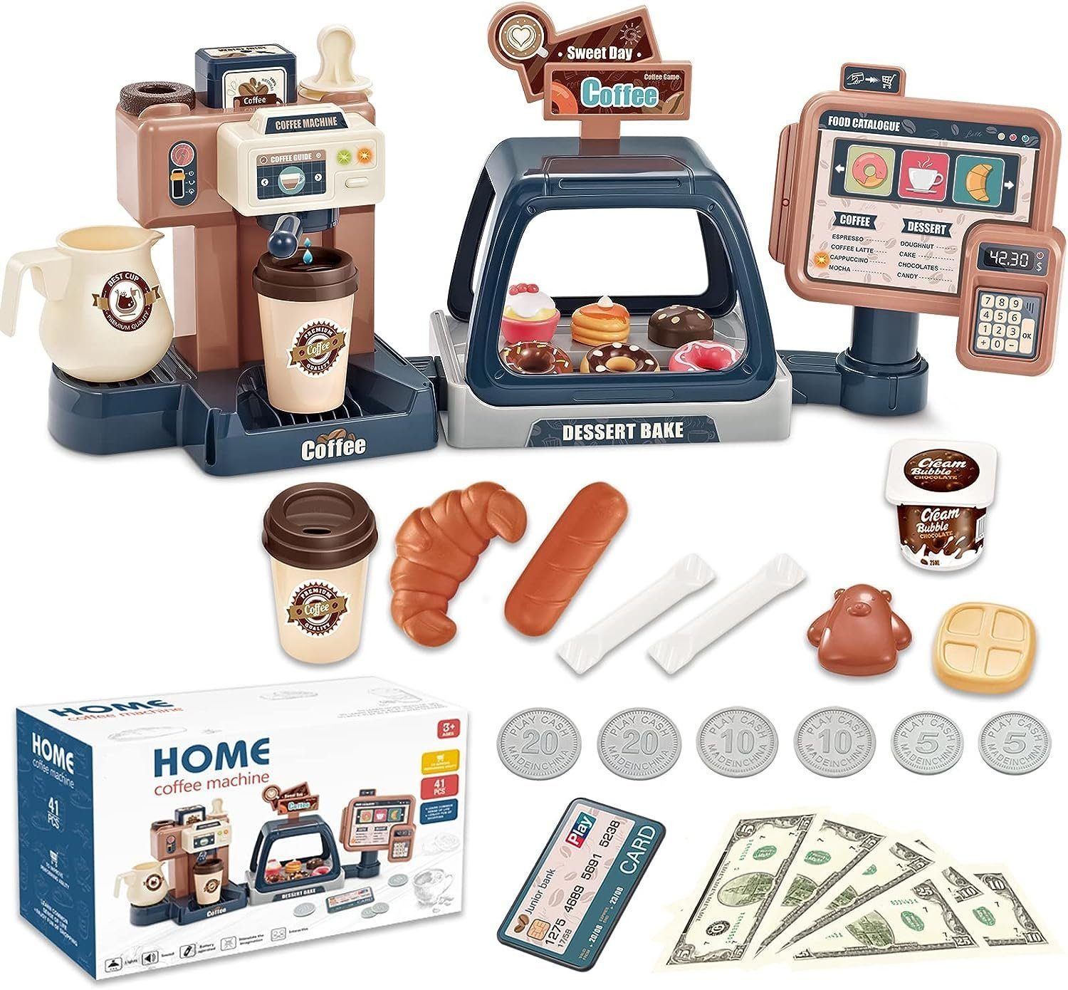 AURIVION Spielküche Café Spielzeug mit Kaffeemaschine & Registrierkasse für Kinder Kunststoff, Rollenspiel Küchenzubehör Lernspielzeug mit Wasserspieleffekt