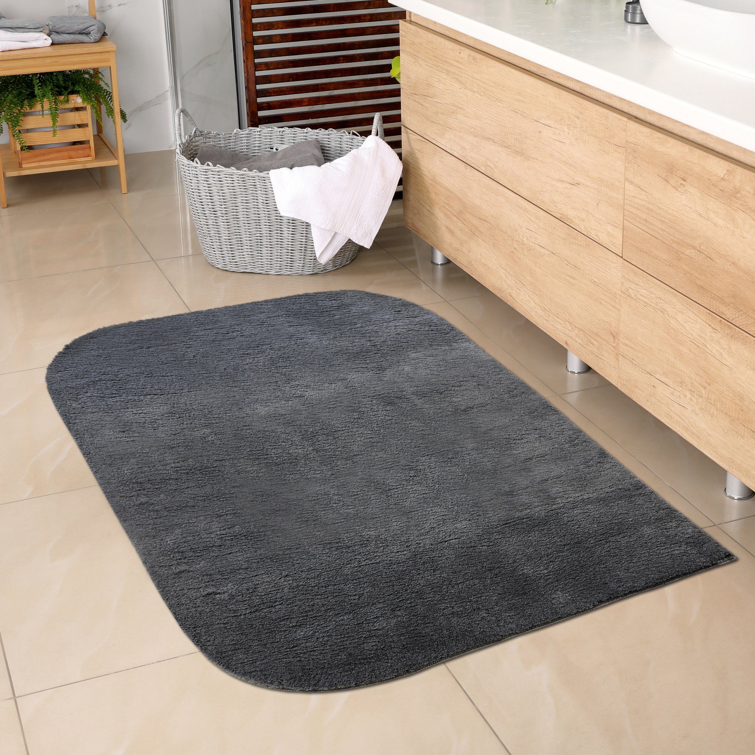 Carpetia Teppich Badezimmer Teppich mit abgerundeten Ecken, waschbar, anthrazit, rechteckig, Höhe: 16 mm