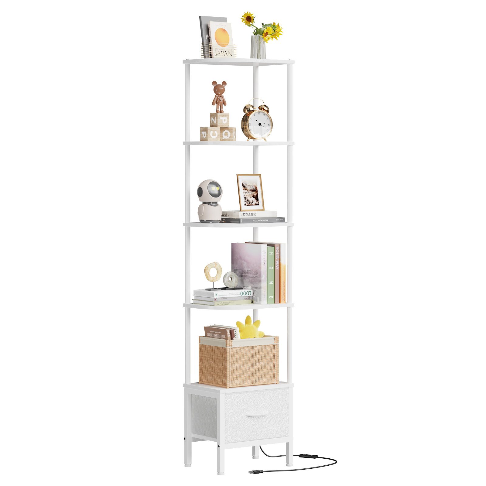 OYRREU Eckregal mit LED-Beleuchtung & Stoffbox, Bücherregal, 5 Ebenen, Regal, modern, Eckbücherregal, für Wohnzimmer und Schlafzimmer, …