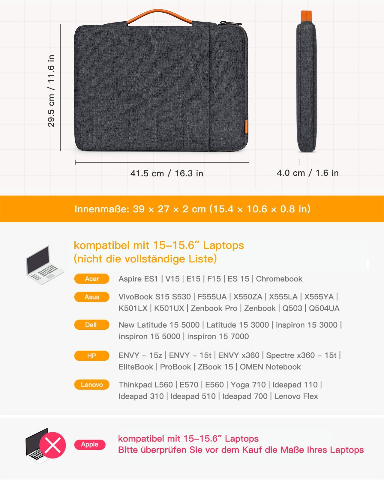 Inateck Laptop-Hülle 360° Rundumschutz 15-16 Zoll Laptoptasche, spritzfest – Bild 2 von 5