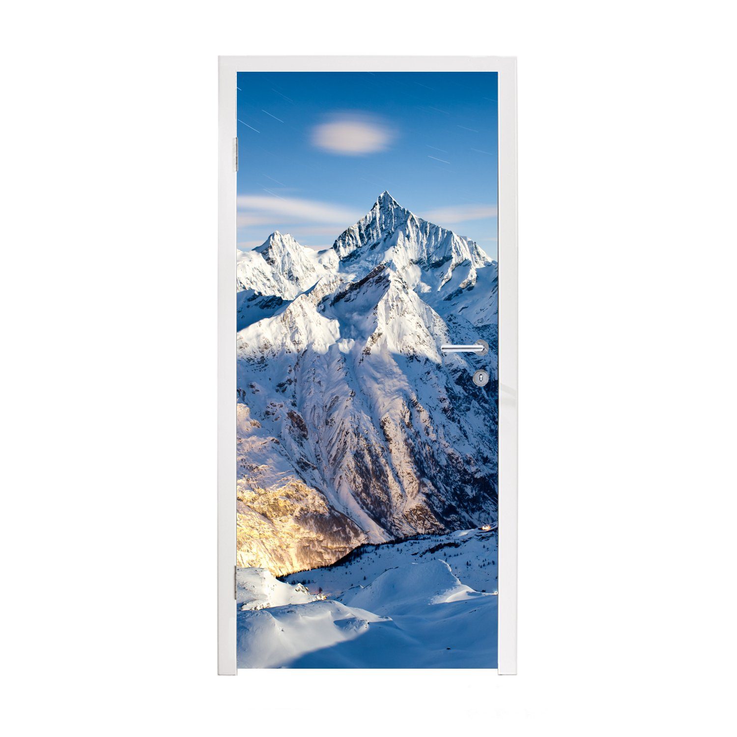 im Winter, Tür, (1 MuchoWow Schweizer Alpen bedruckt, Matt, St), cm für Fototapete 75x205 Türaufkleber, Türtapete