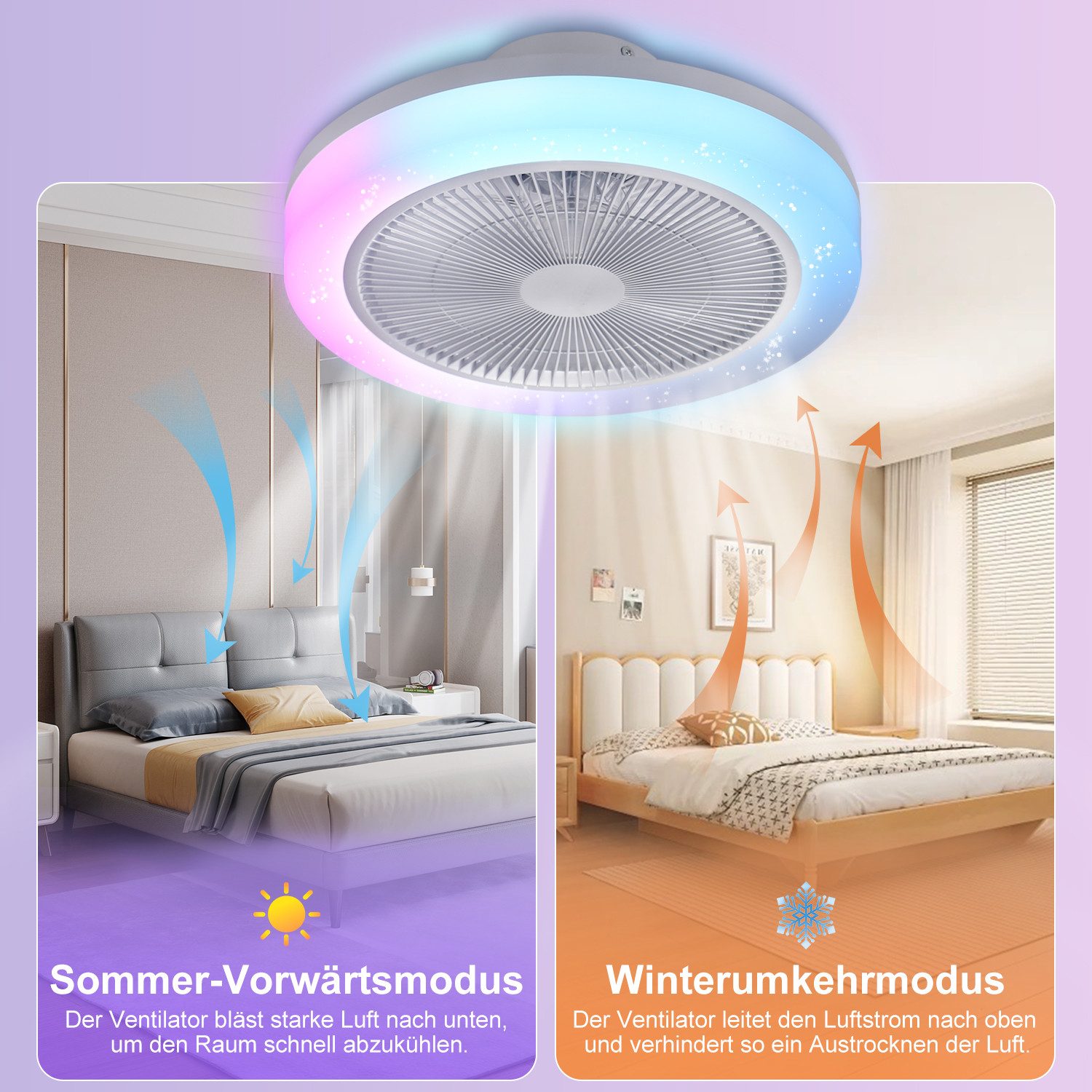 oyajia Deckenleuchte 45W Music LED Deckenleuchte mit Lautsprecher, Leiser Deckenventilator, Luftzirkulationsfunktion, LED fest integriert, RGB Farbwechsel (3000~6500K), Dimmbar LED Deckenventilator, für Wohnzimmer Schlafzimmer Küche Hotel