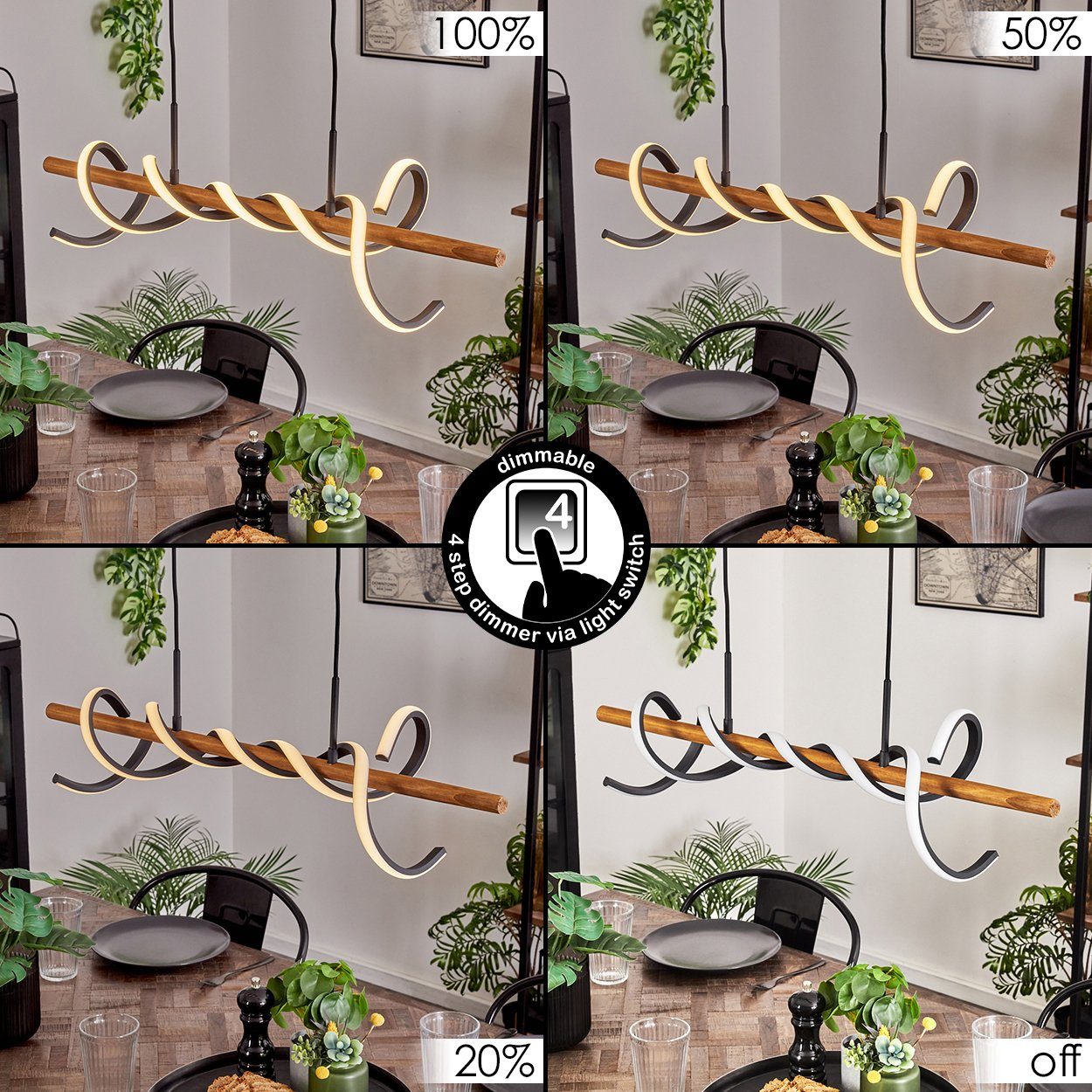 hofstein Pendelleuchte dimmbare Hängelampe aus Metall/Holz/Kunststoff in Schwarz/Natur/Weiß, LED fest integriert, 3000 Kelvin, LED 38 Watt, 5200 Lumen, dimmbar über Lichtschalter