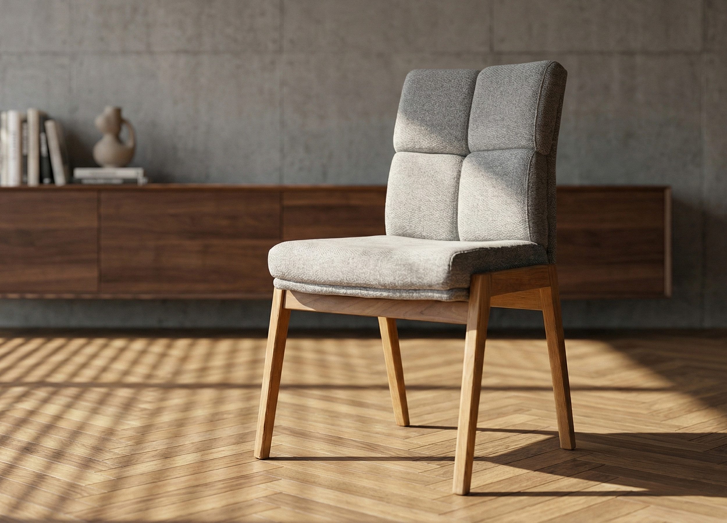 Massivart® Polsterstuhl Esszimmerstuhl, Stoffbezug grau, stilvolle Steppung »LAUREN«, gepolstertes Sitzerlebnis · Gestell Wildeiche massiv