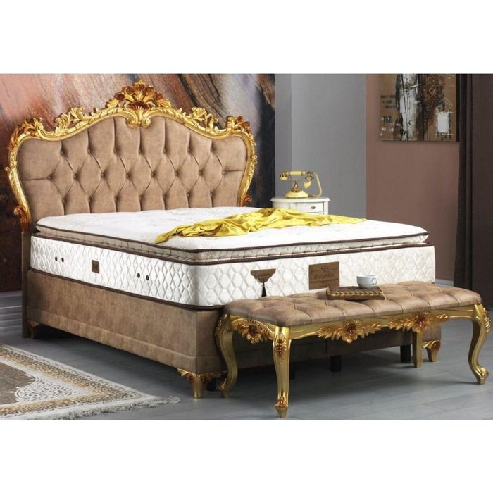 Casa Padrino Bett Schlafzimmer Set Braun / Gold - Prunkvolles Doppelbett mit Sitzbank - Schlafzimmer Möbel im Barockstil