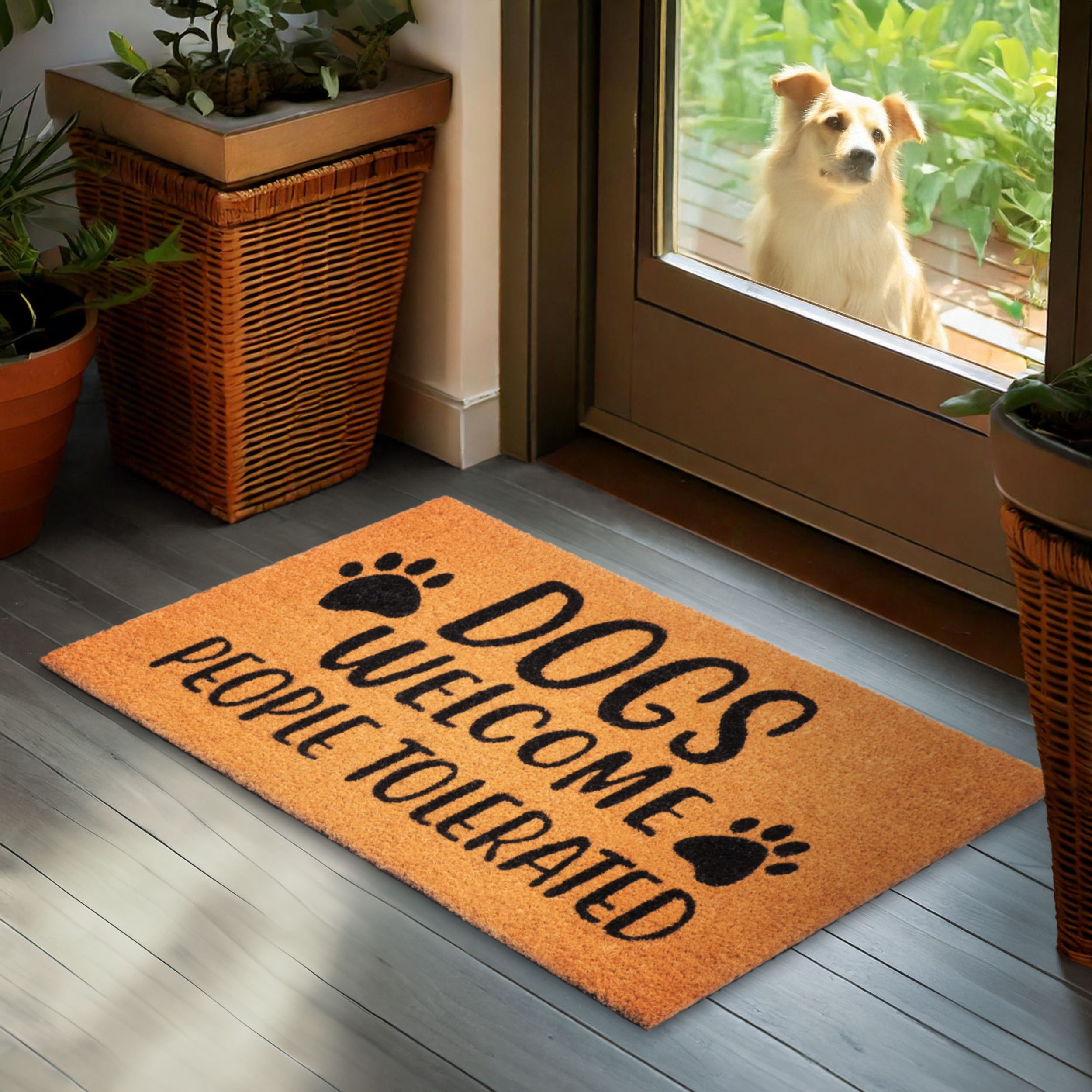 BRUBAKER Fußmatte Dogs Welcome People Tolerated - 45 x 75 cm Schmutzfangmatte - Braun, Rechteckig, Höhe: 16 mm, Fußmatte für Außen und Innen aus Kokos - Wetterfest und Rutschfest