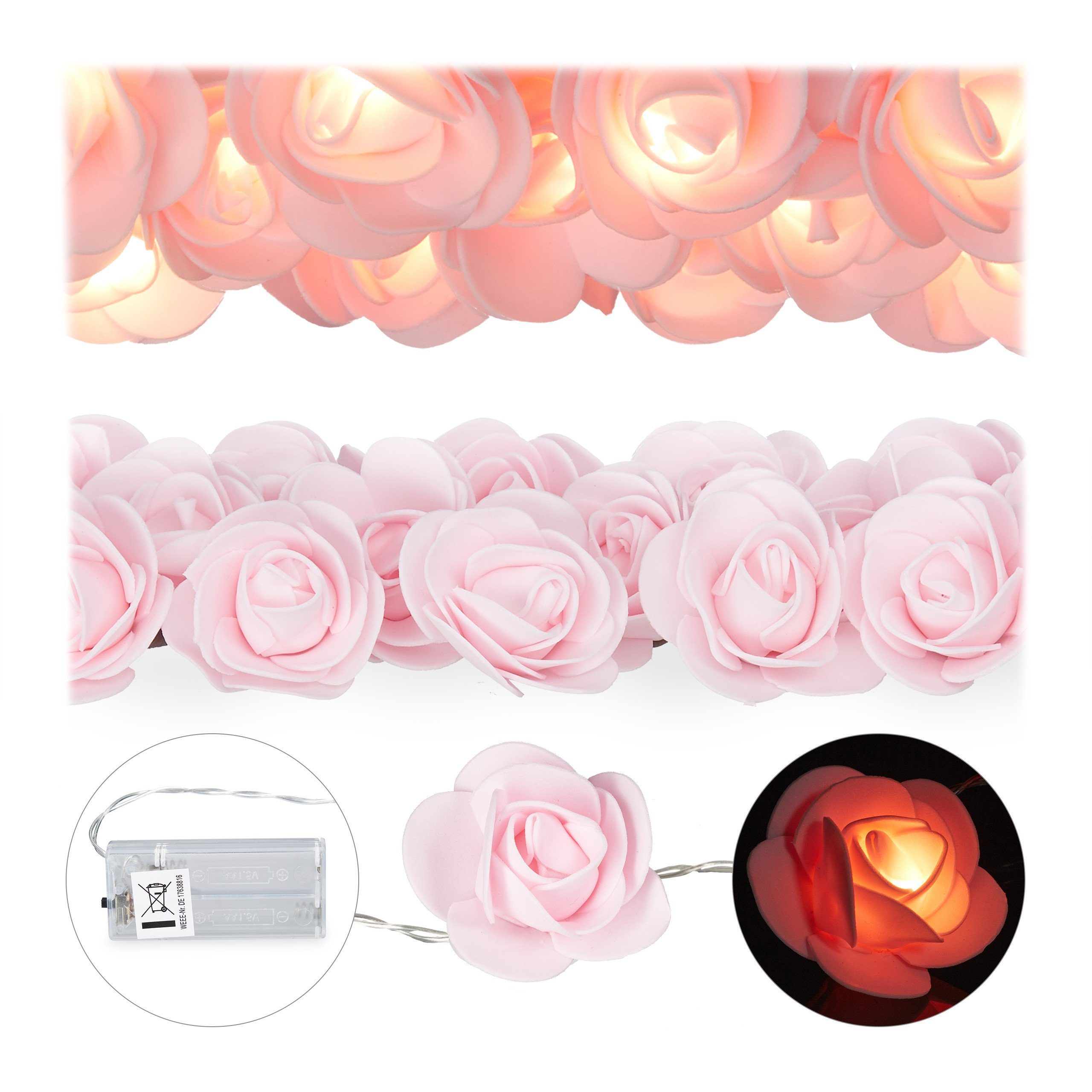 relaxdays LED-Lichterkette rosa Rosen 1 Lichterkette x