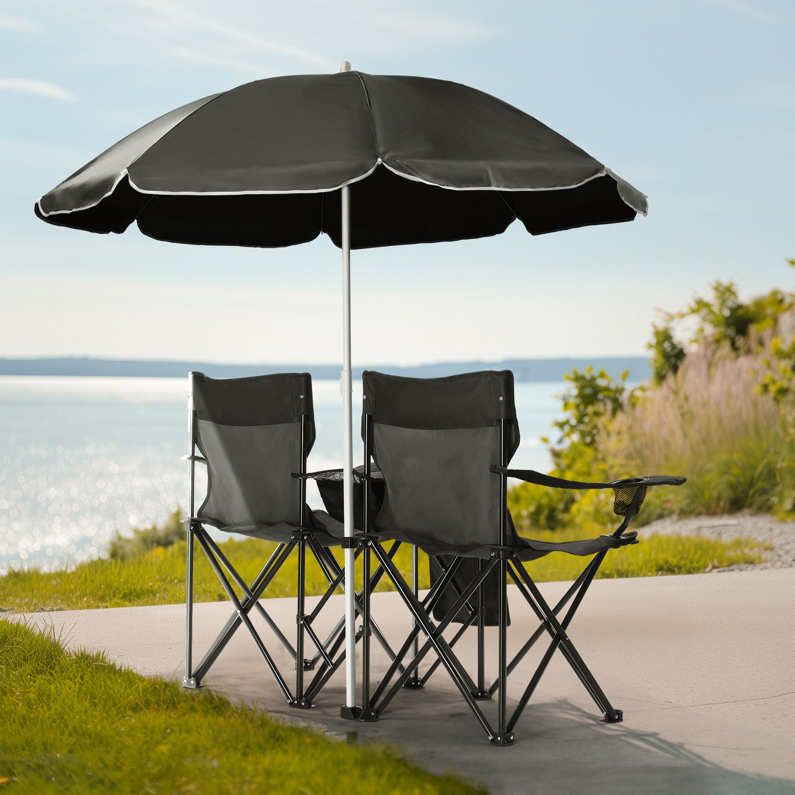 LEADZM Campingstuhl Doppel Anglerstuhl mit Sonnenschirm & isolierter Kühltasche, UV-Sonnenschirm, 5,3l Kühltasche, Becherhaltern & Tragetasche