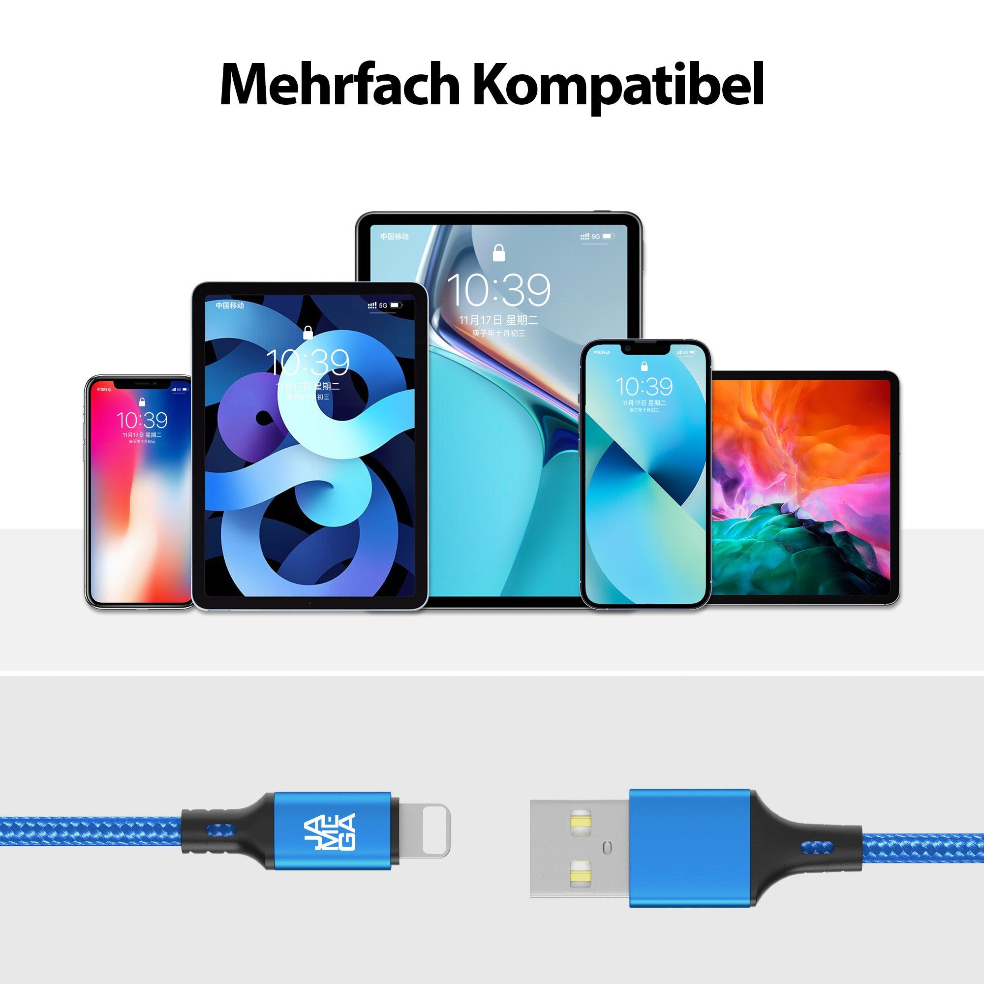 JAMEGA USB Kabel kompatibel mit iPhone Nylon USB A auf 8-Pin Ladekabel - Lightningkabel, USB A, 8-Pin (100 cm) – Bild 2 von 5