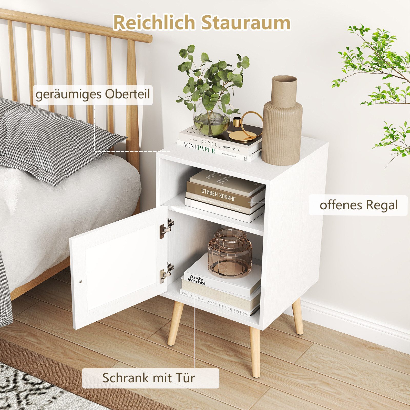 COSTWAY Nachttisch (1-St), Rattan, mit offenem Regal & Tür, 40 x 39 x 70cm