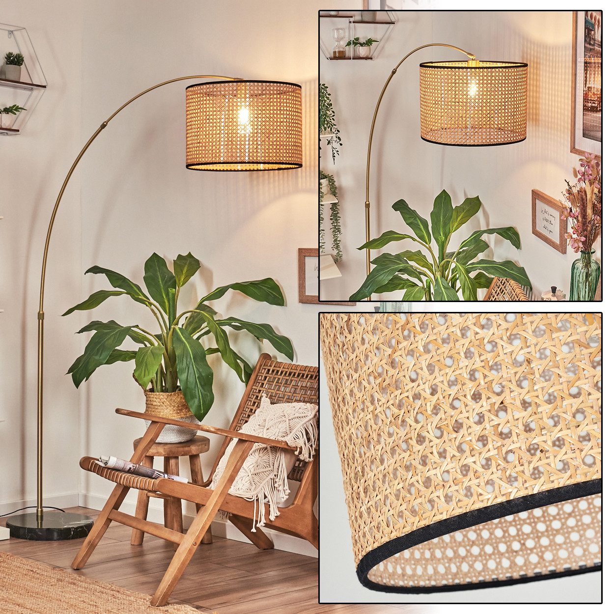hofstein Bogenlampe Stehlampe aus Metall/Wienergeflecht/Stoff in Schwarz/Messing/Natur, Stehleuchte im Boho-Design (40 cm) mit Marmorfuß u. Fußschalter, E27