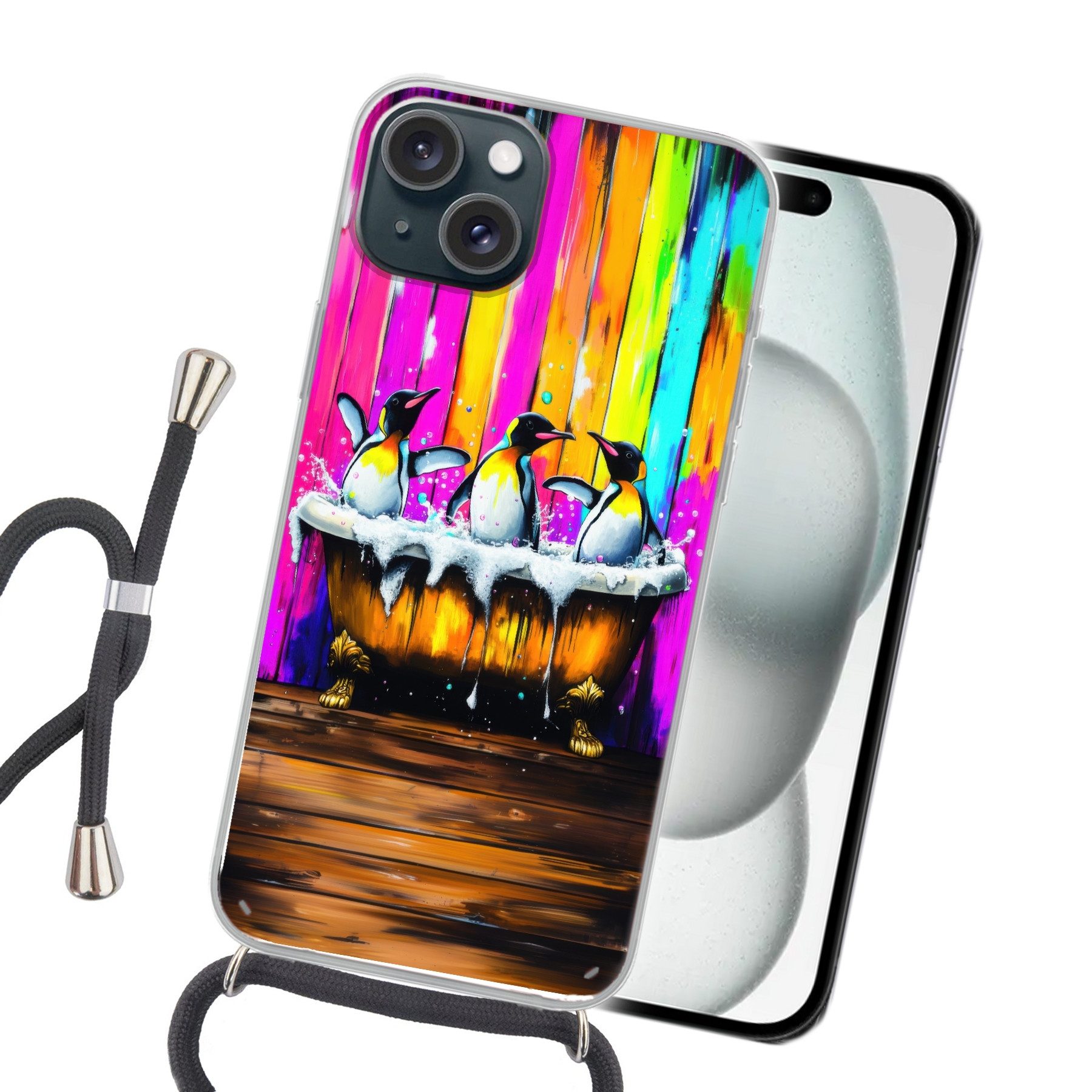 MuchoWow Handyhülle für Apple iPhone 15 Plus Pinguine - Badewanne - Bunt - Schaumstoff, Tragbare Handyhüllen mit Kette zum umhängen, Handykette Handyband