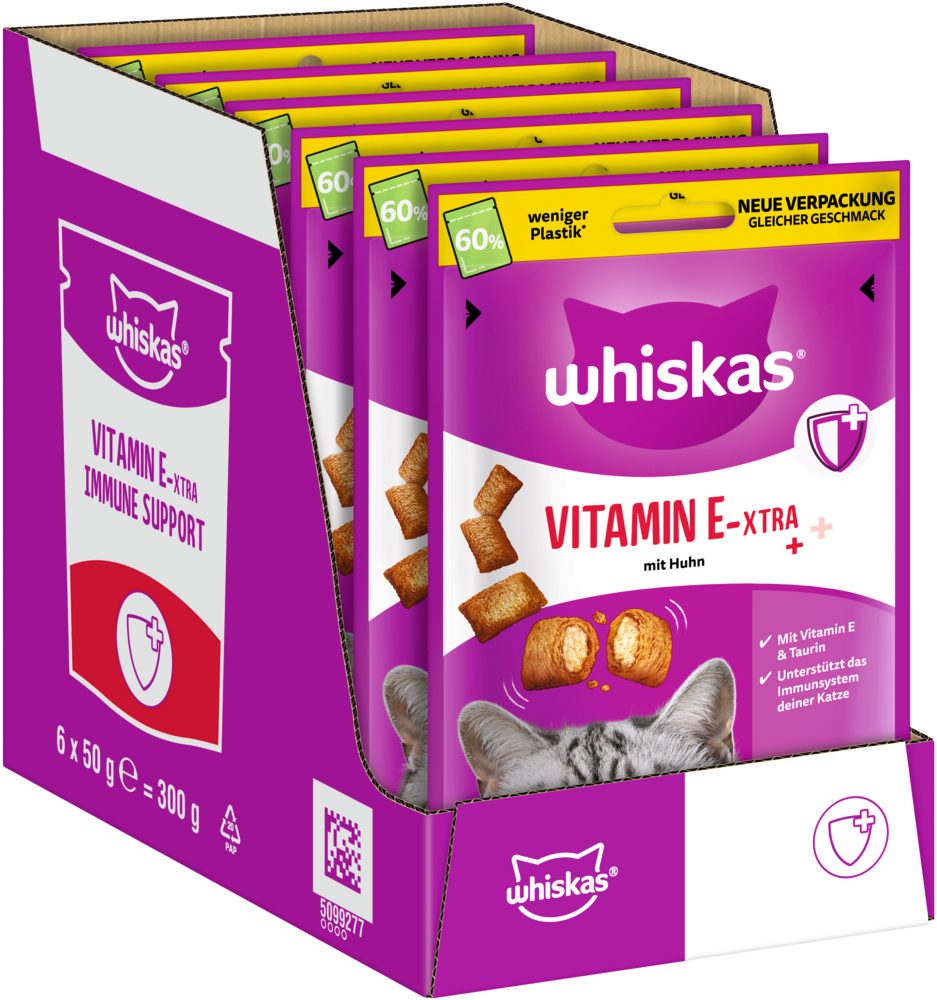 Whiskas WHISKAS® Vitamin E-xtra Portionsbeutel mit Huhn 6 x 50g, Snack für: Katze