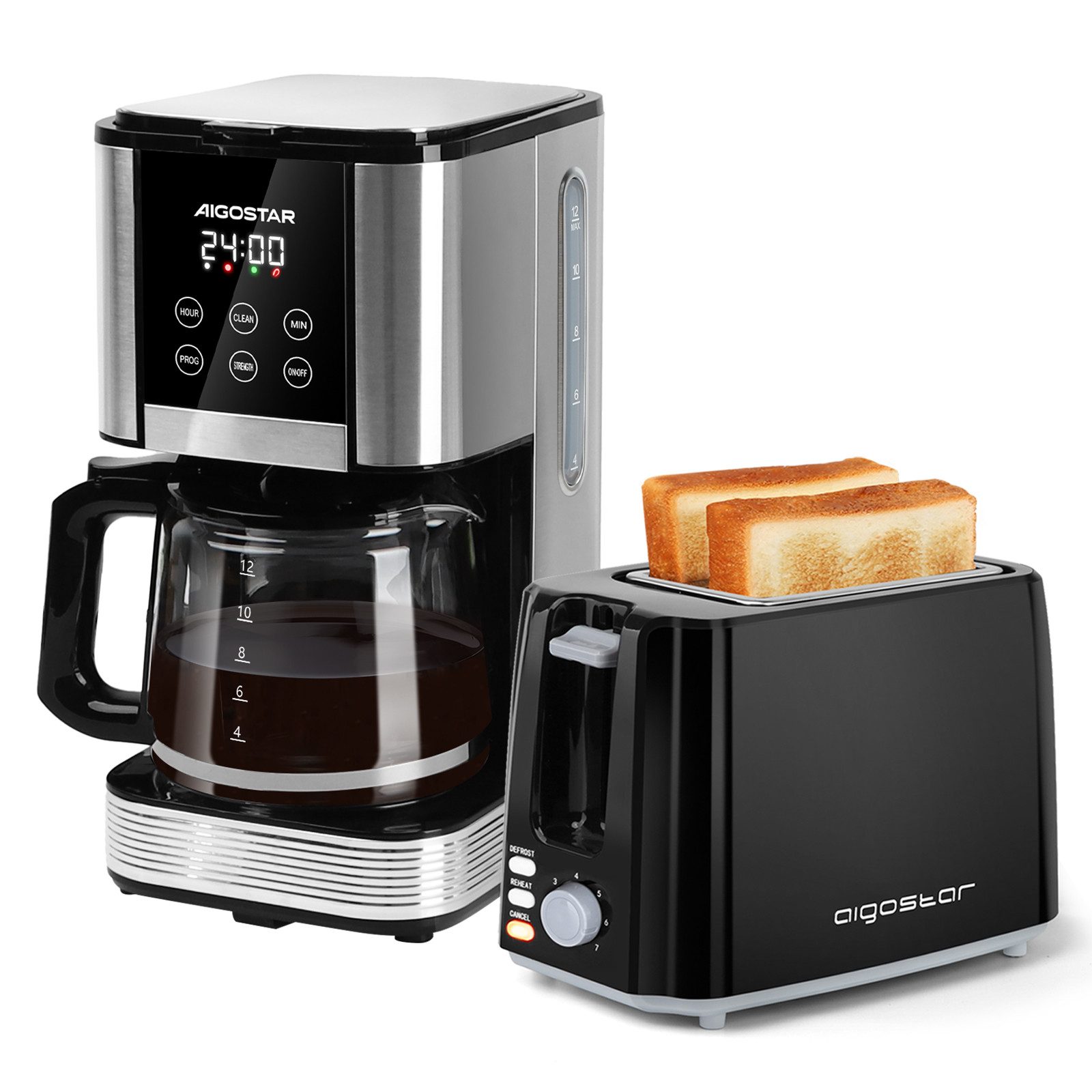 Aigostar Frühstücks-Set 1,5L Filterkaffeemaschine Edelstahl 1000W/ 2-Scheiben Toaster, Programmierbar 24h, Tropf-Stopp, AutoClean, Warmhaltefunktion