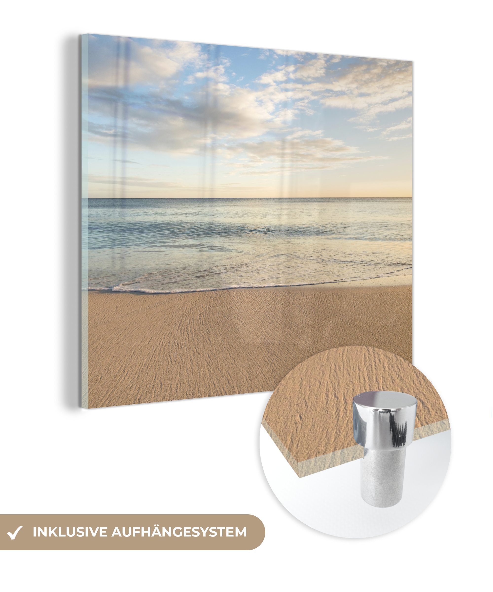 MuchoWow Acrylglasbild Strand - Wasser - Wolken, (1 St), Glasbilder - Bilder auf Glas Wandbild - Foto auf Glas - Wanddekoration