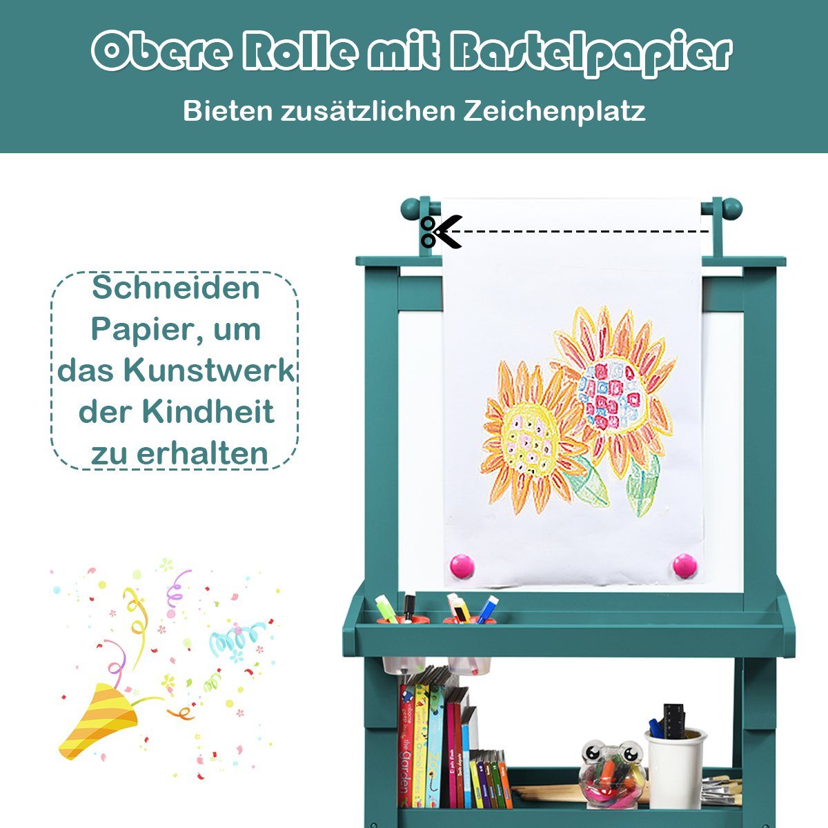 COSTWAY Standtafel Kinder Staffelei, doppelseitig, mit Magneten & 2 Boxen – Bild 5 von 5