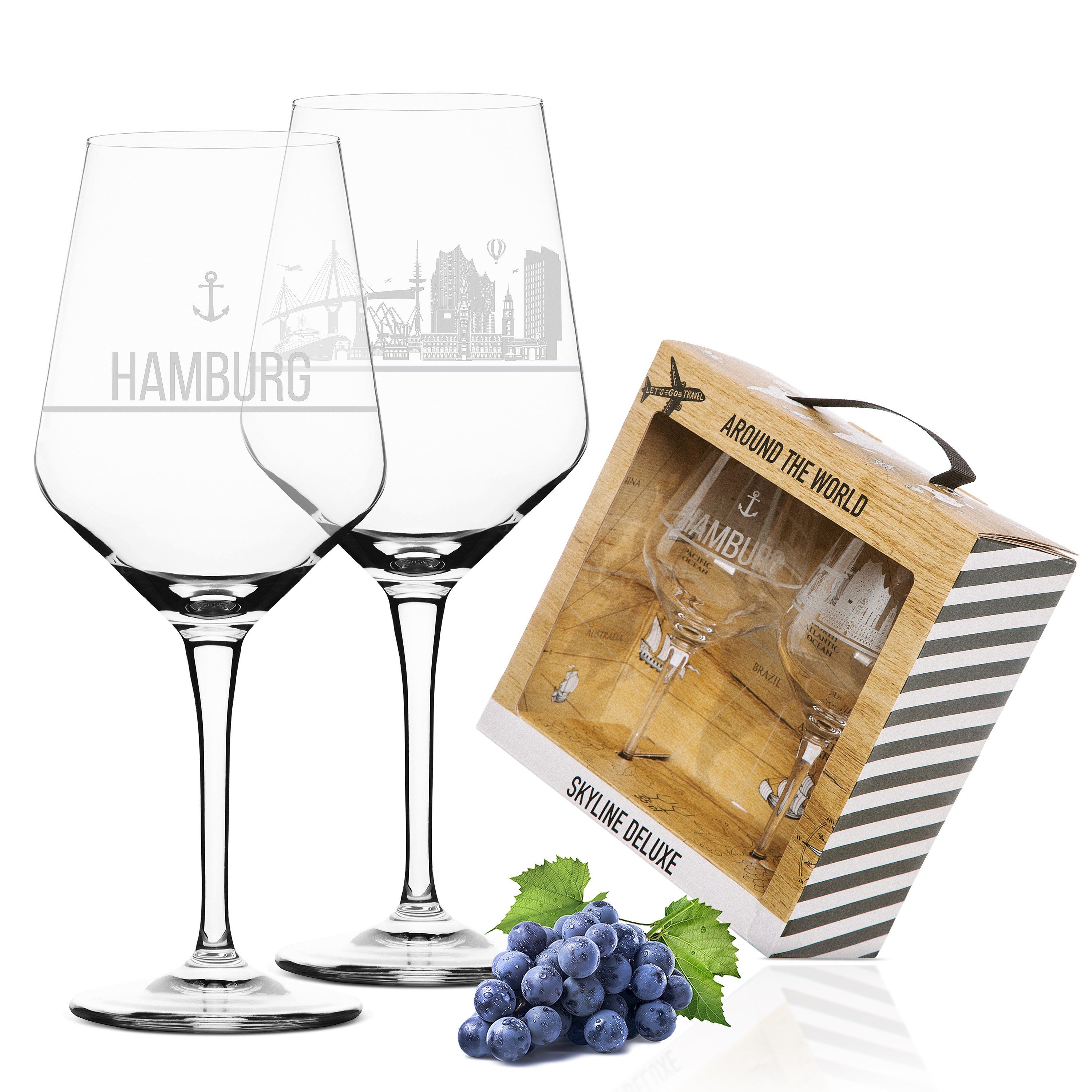 3forCologne Weinglas I LOVE Hamburg Weingläser, 2er Set mit Motiv der Hamburg Skyline, Hochwertiges Kristallglas, inkl. Geschenkverpackung