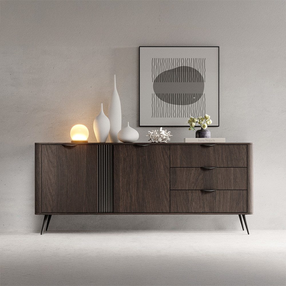 Lomadox Sideboard VOLTERRA-167, in Eiche, 195 cm breit mit 3 Schubladen und schwarzem Rillendesign