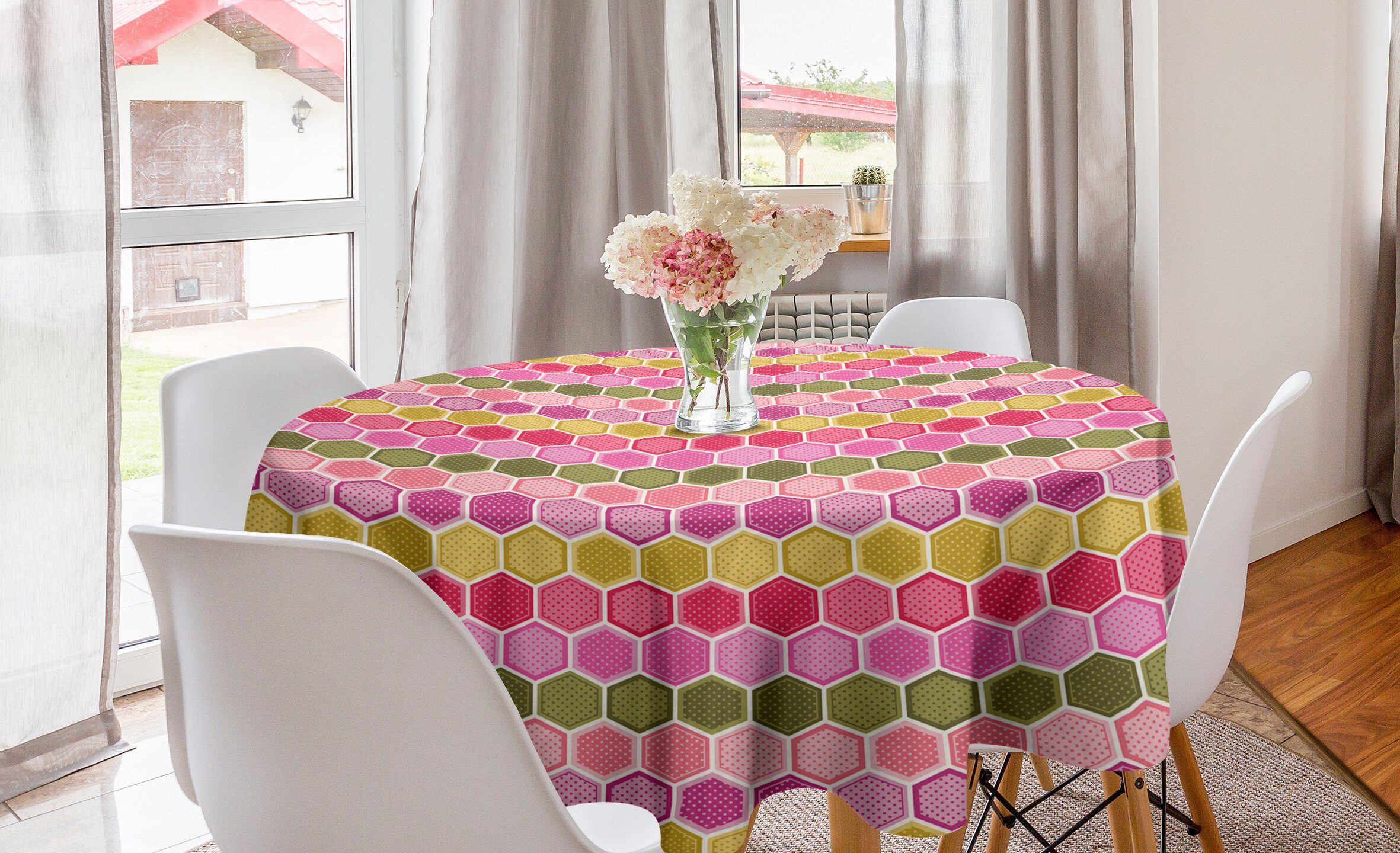 Abakuhaus Tischdecke Kreis Tischdecke Abdeckung für Esszimmer Küche Dekoration, Geometrisch Hexagons und Punkte