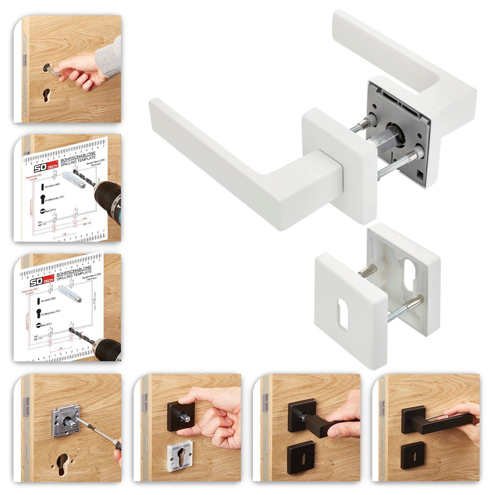 SO-TECH® Drückergarnitur Türdrücker CUBE weiß 120 x 22 mm Vierkant 8 x 8 mm, Buntbart Türgarnitur für Zimmertür Rosettengarnitur