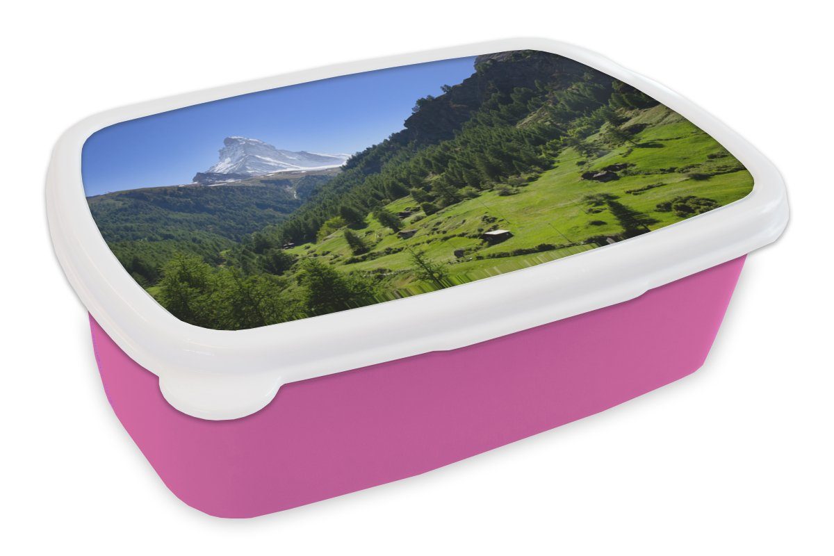 MuchoWow Lunchbox Schweizer Alpen im Matterhorn mit grünen Bäumen, Kunststoff, (2-tlg), Brotbox für Erwachsene, Brotdose Kinder, Snackbox, Mädchen, Kunststoff rosa