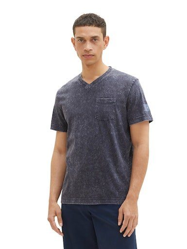 TOM TAILOR V-Shirt mit kleiner Brusttasche und ässiger lWaschung dunkelblau