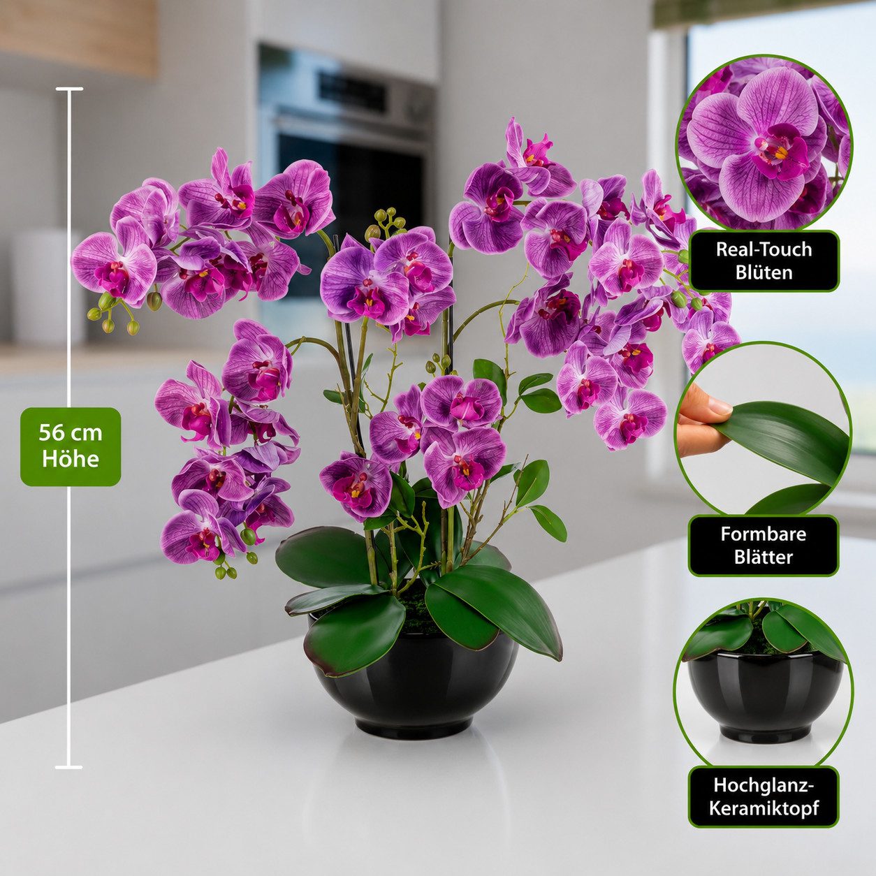 Kunstorchidee PASCH® XXL Orchidee künstlich wie echt (56cm) in Hochglanz-Keramiktopf Orchidee, PASCH