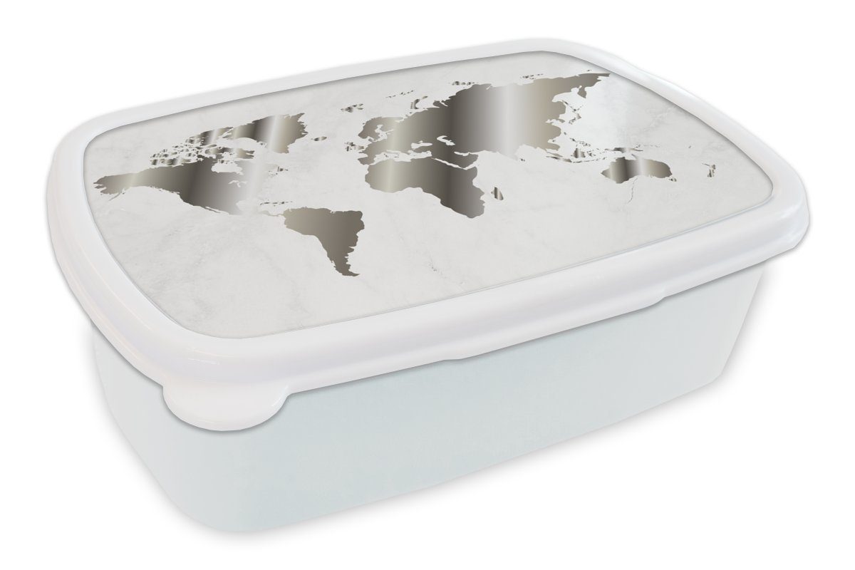 MuchoWow Lunchbox Weltkarte - Schwarz und weiß - Marmor, Kunststoff, (2-tlg), Brotbox für Kinder und Erwachsene, Brotdose, für Jungs und Mädchen