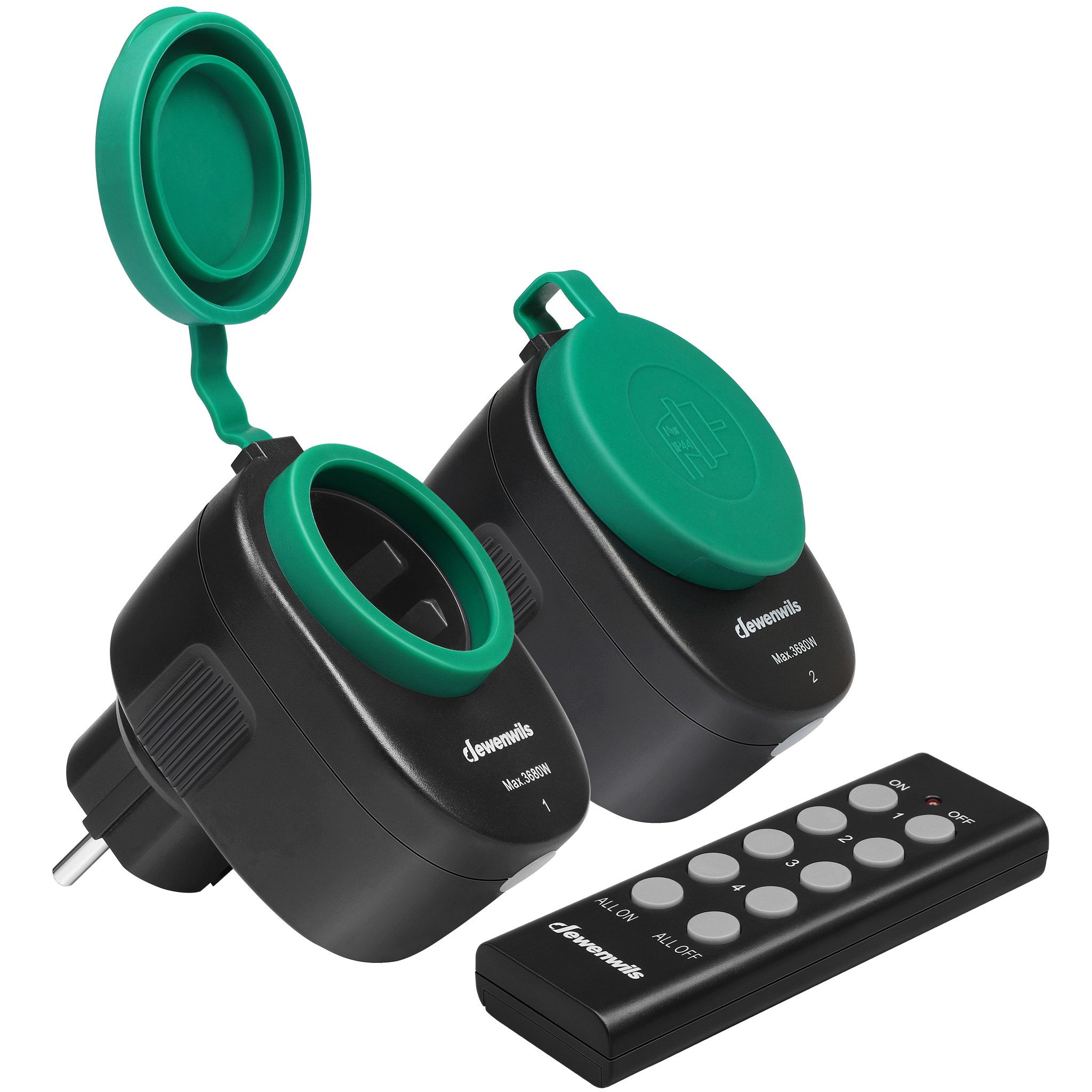 DEWENWILS Funksteckdose mit Fernbedienung, Außen, max. 3680 W, 2-St., Funkstecker für Feiertagsdeko, 30 M Reichweite