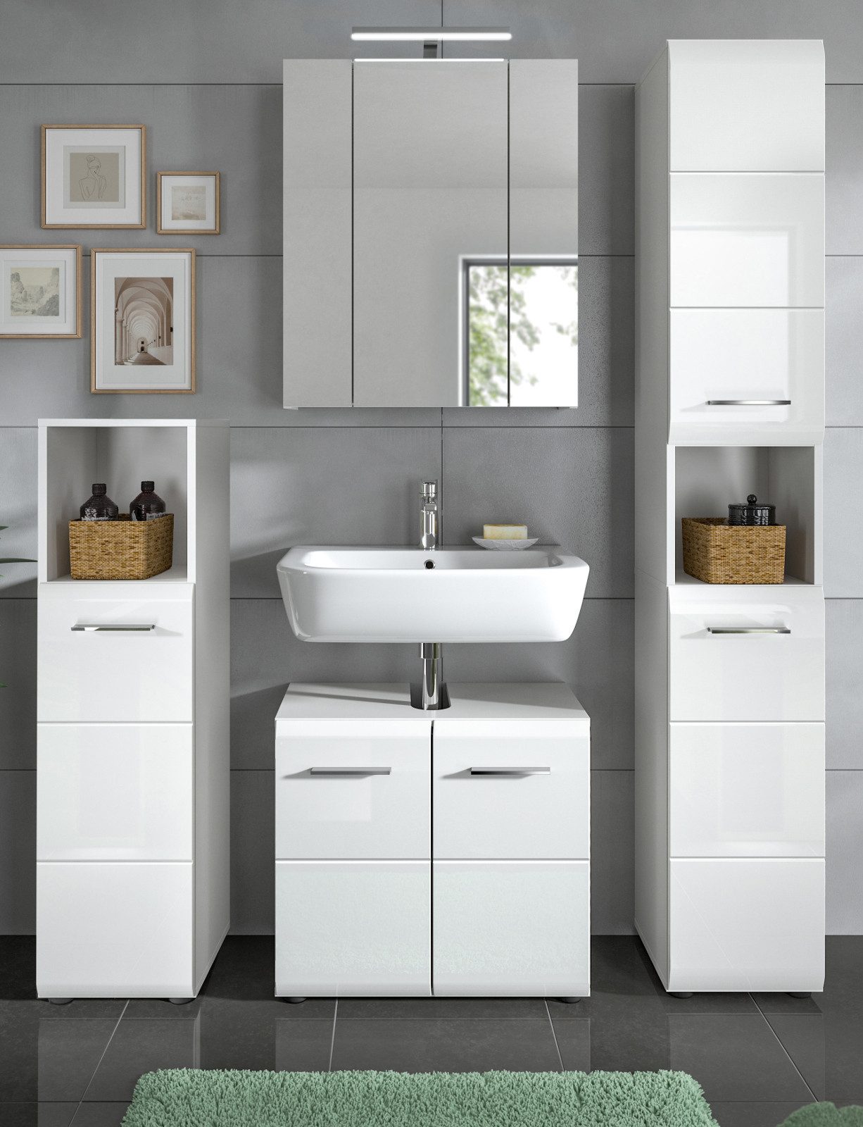 Inn.Furn Badmöbel-Set Cover, (Spar-Set 4-teilig in weiß Hochglanz, ca. 150 x 185 cm), 19 Fächer und 3 Vollauszug-Schubkästen