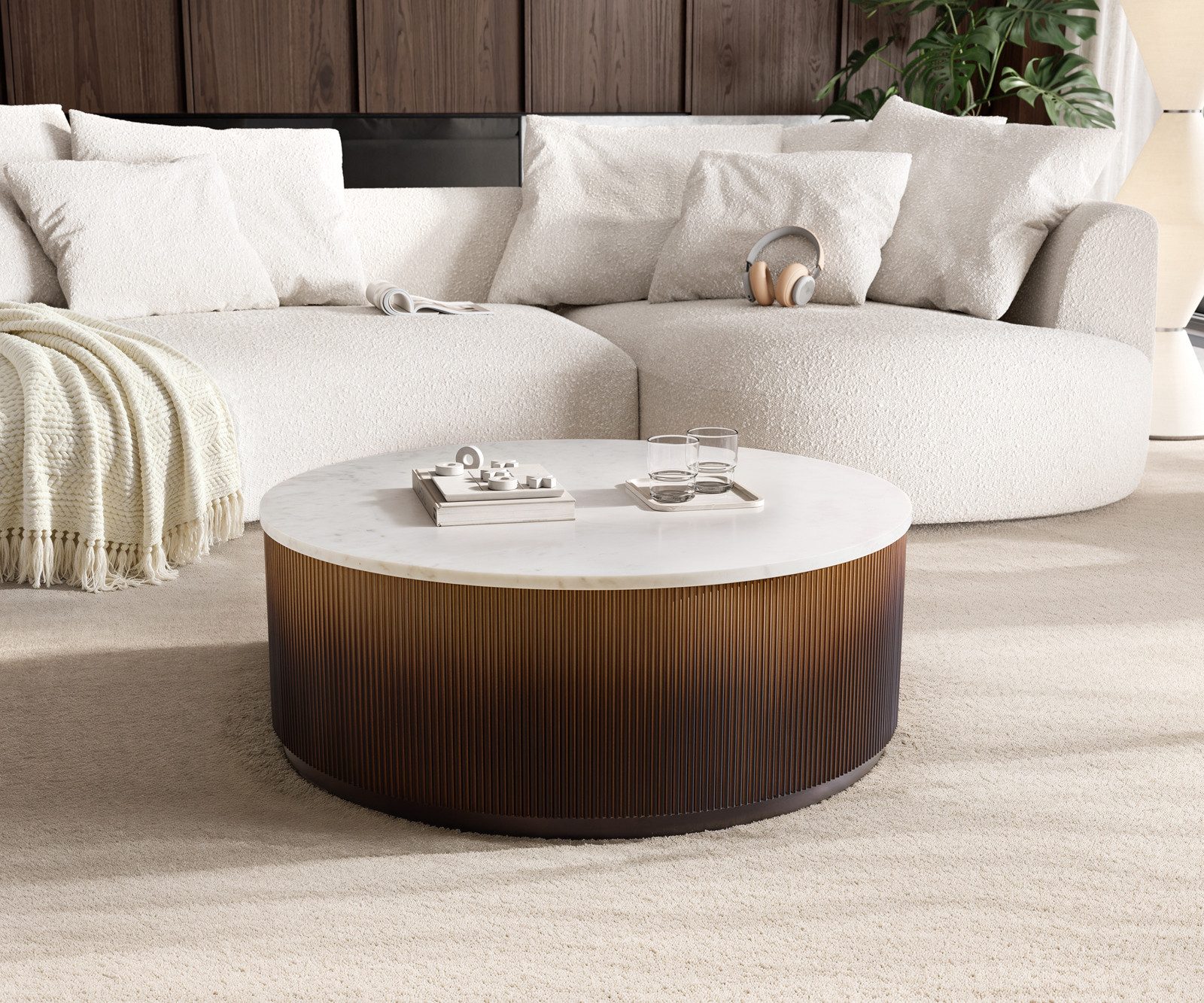 DELIFE Couchtisch Fiorano, Marmor Weiß 90x90 cm Metall Gold Ombre