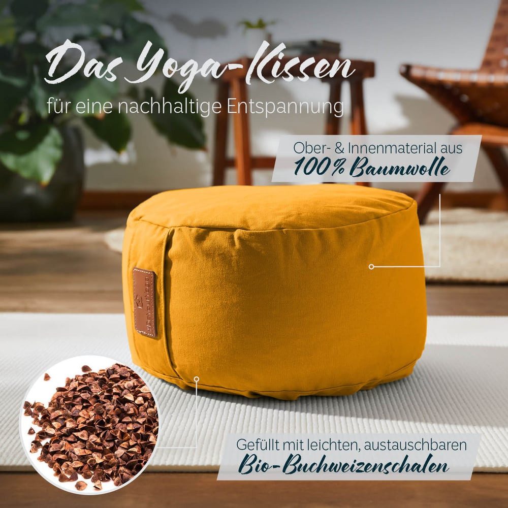 #DoYourYoga Yoga Bolster Kissen Vishnu - gefüllt mit Bio-Buchweizenschalen, - Rund 30 x 30 x 15 cm - Currygelb