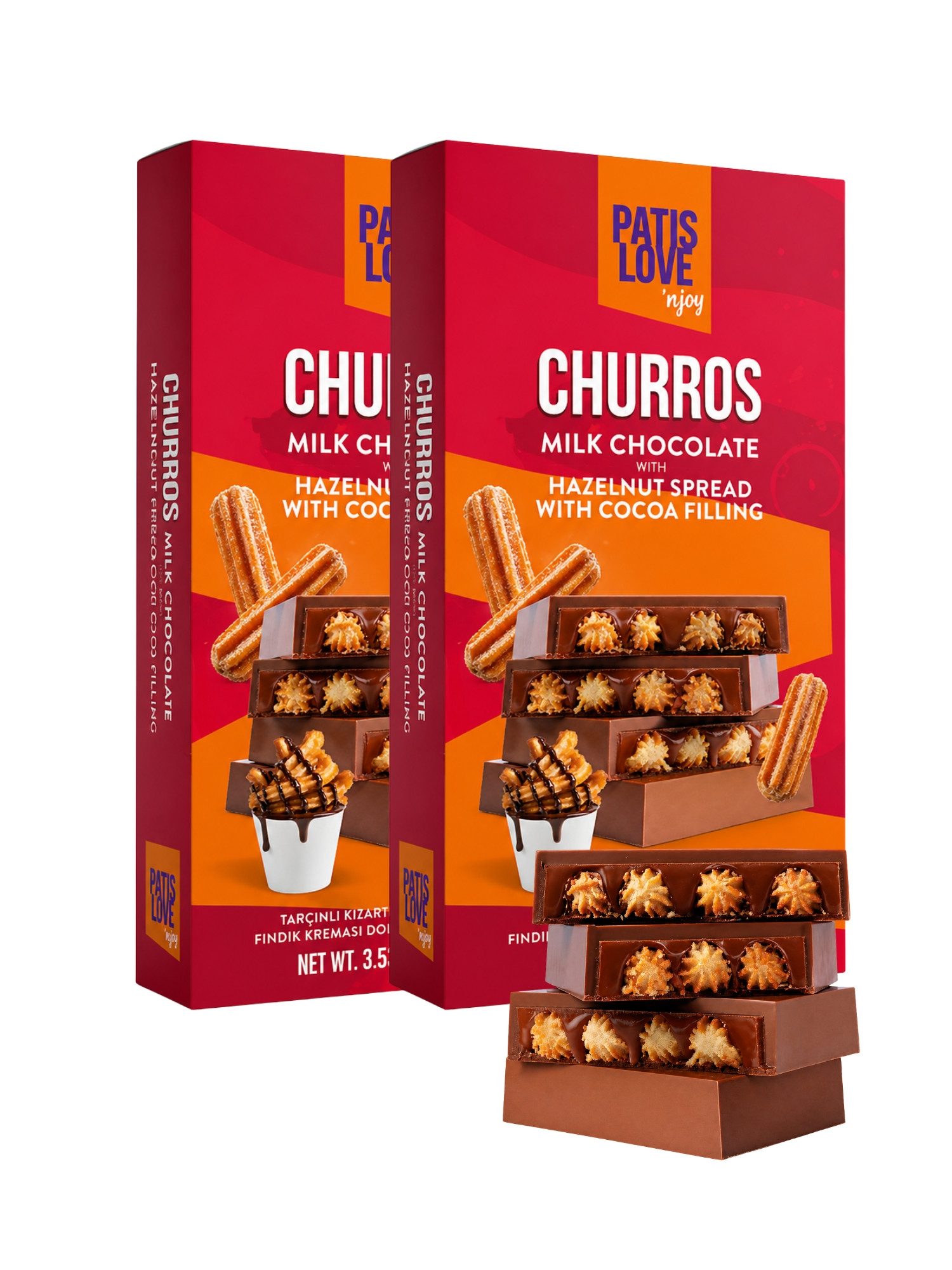 PATISLOVE Schokolade Churros Vollmilchschokolade mit Haselnusscreme 100g, ohne Konservierungsstoffe, ohne Farbstoffe, mit Haselnusscreme