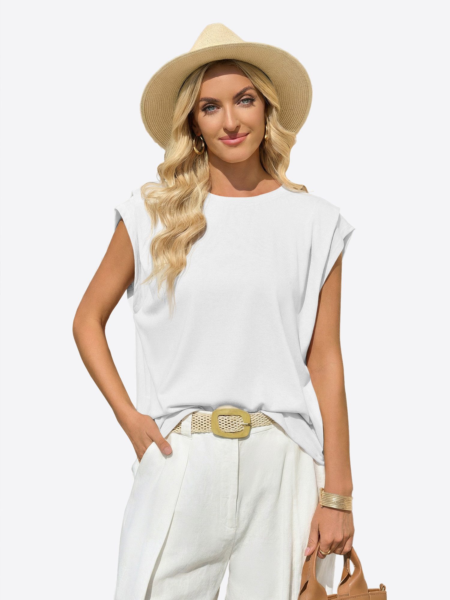 Imily Bela T-Shirt Damen Bootsausschnitt Basicbluse (Packung, 1-tlg., 1per-Pack) Schultern überlappend