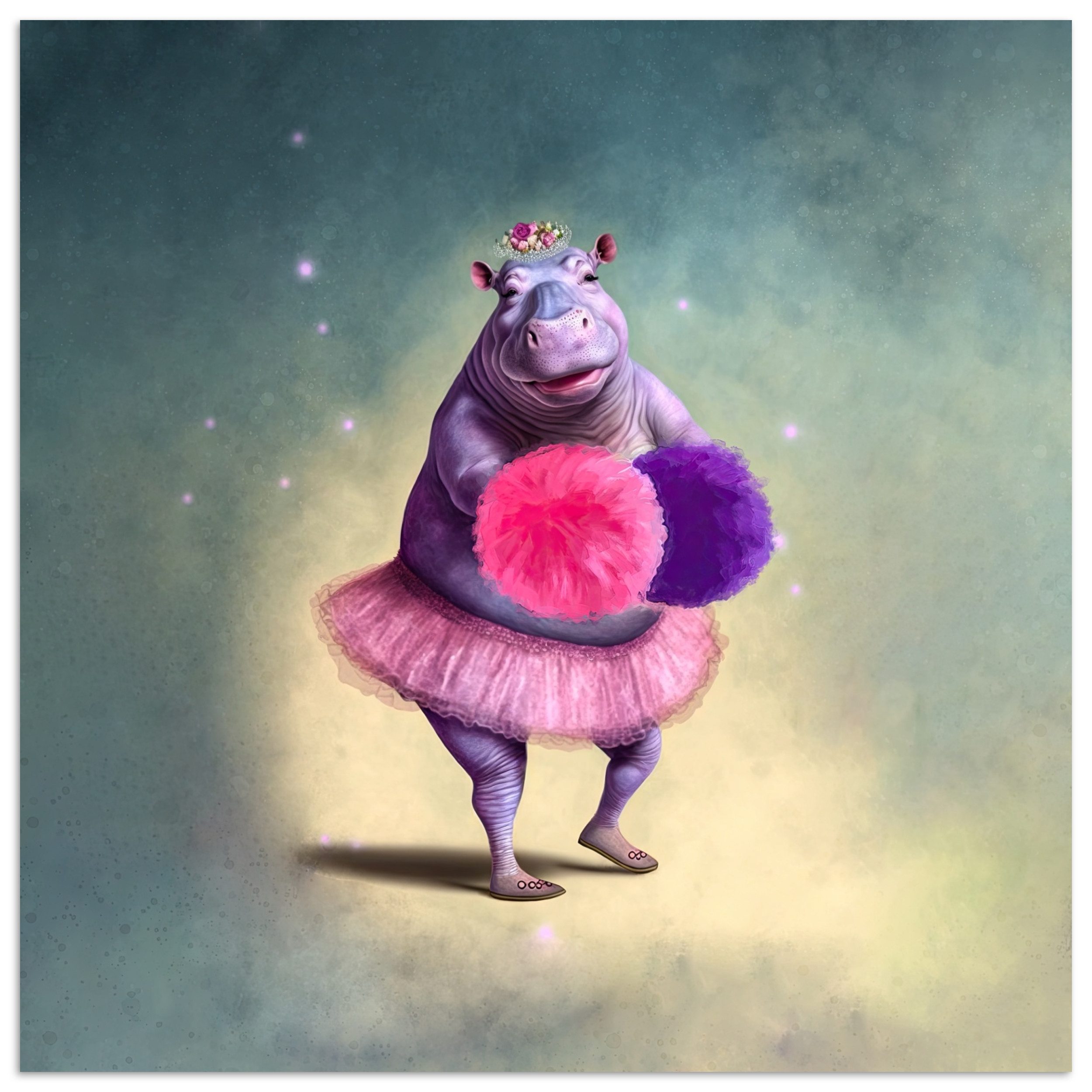 MuchoWow Poster Nilpferd - Blumen - Ballerina - Pompons - Porträt - Kinder, (1 St), Poster ohne Rahmen, Wandbild, Wandposter, 50x50 cm