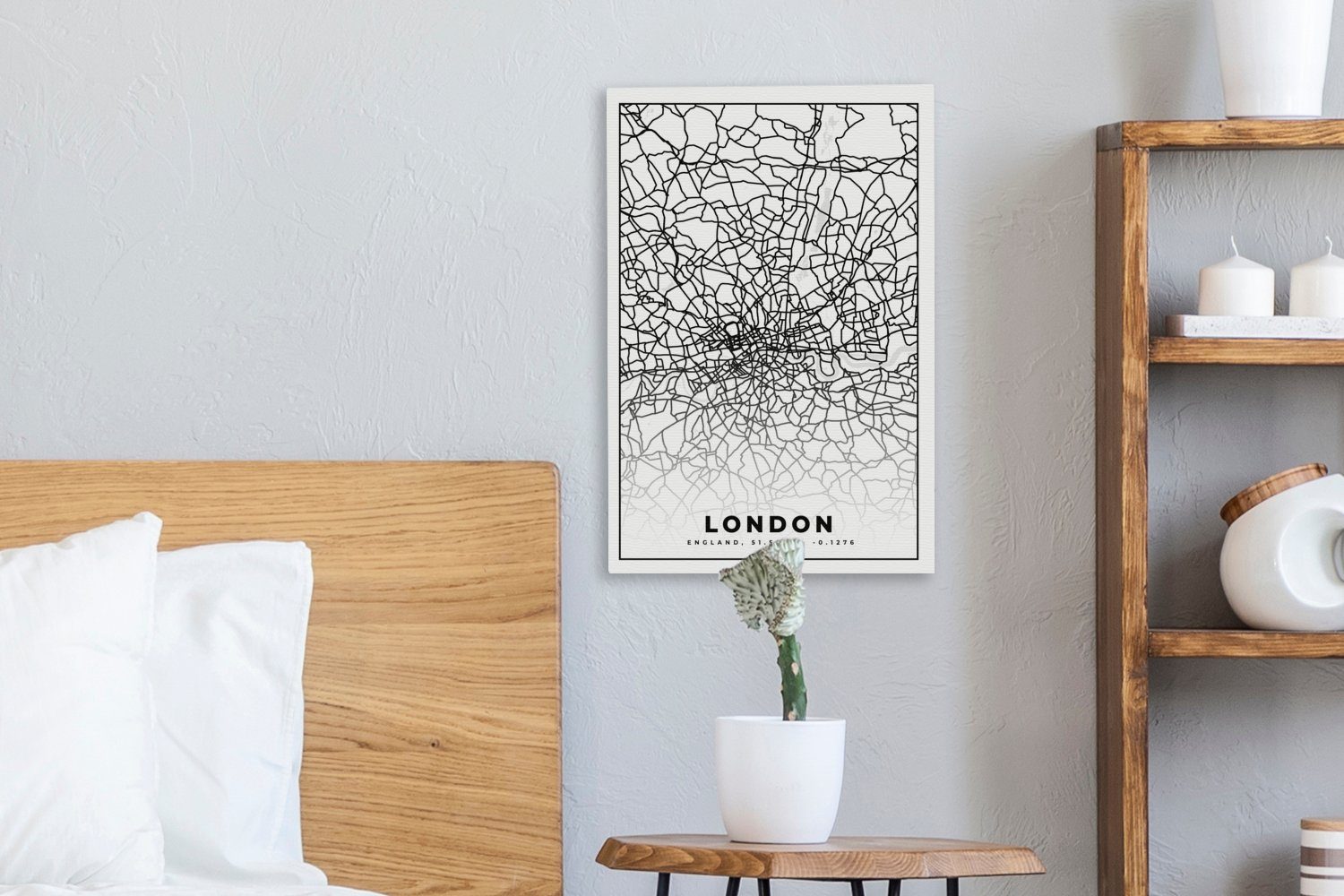 und Zackenaufhänger, Leinwandbild London fertig inkl. bespannt Leinwandbild 20x30 Karte, Stadtplan Schwarz St), weiß Gemälde, cm (1 - OneMillionCanvasses® - -