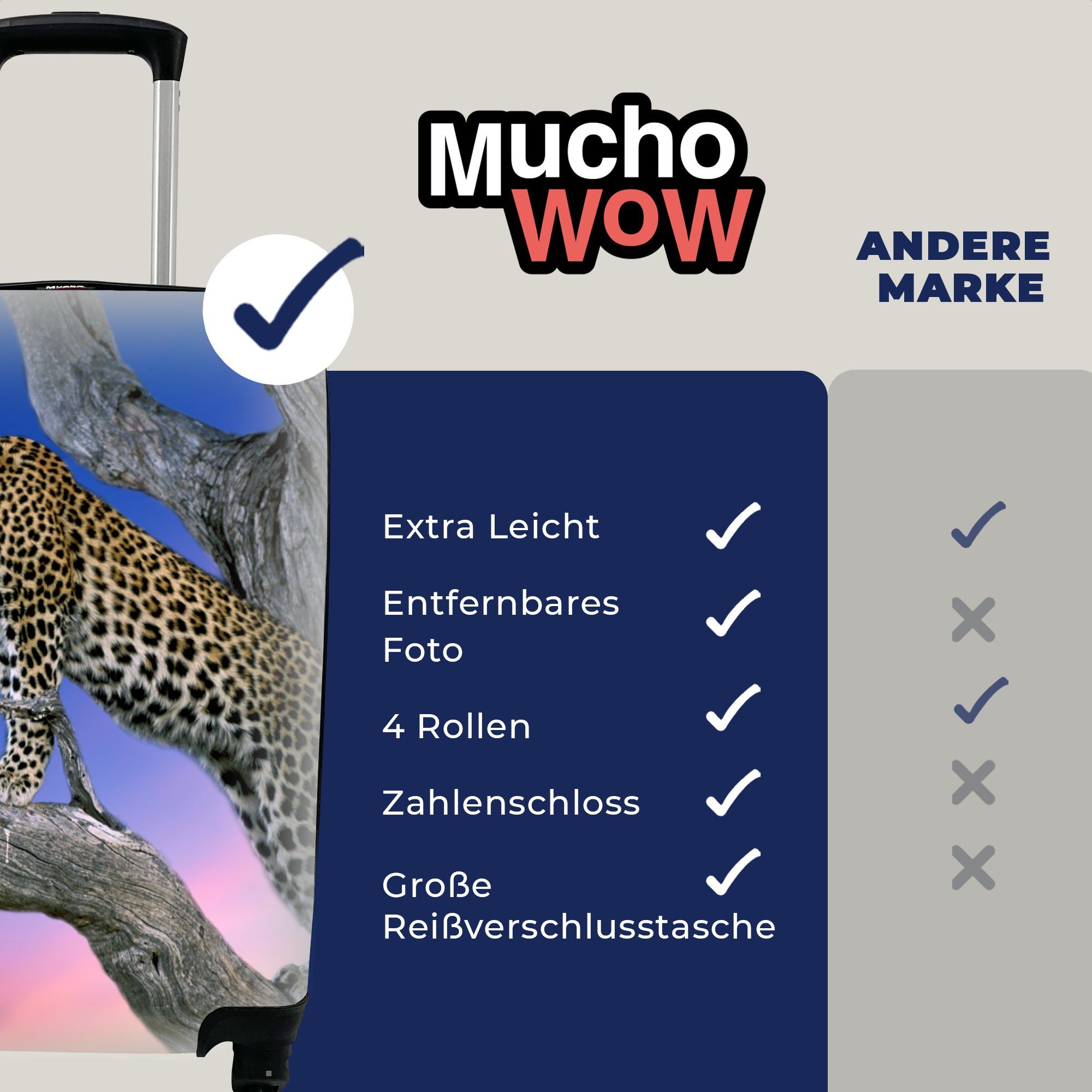 MuchoWow Handgepäckkoffer Leopard - Baum - 4 Zweig, mit für Reisekoffer Rollen, rollen, Handgepäck Reisetasche Trolley, Ferien