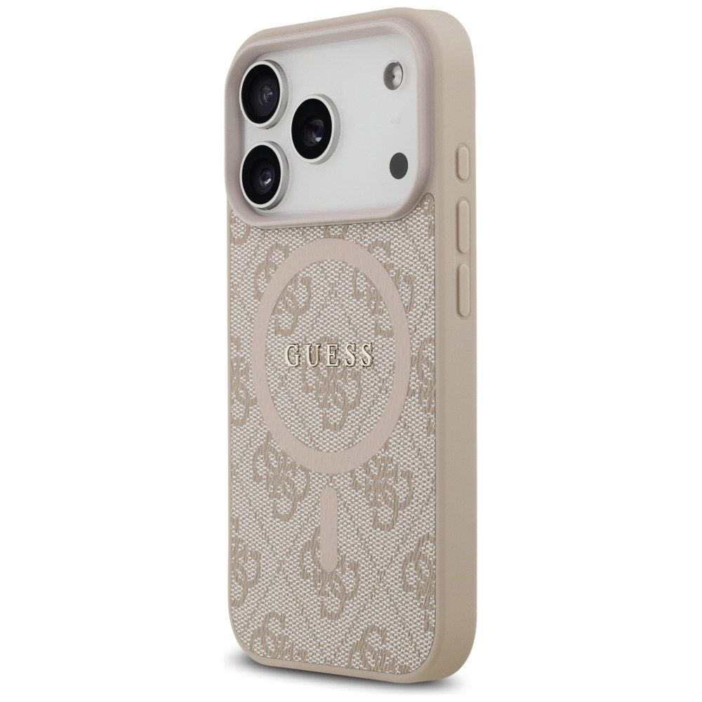 Guess Handyhülle MagSafe iPhone 17 Pro Kunstleder rosa Logo Metall goldfarben 6,3 Zoll, Kantenschutz