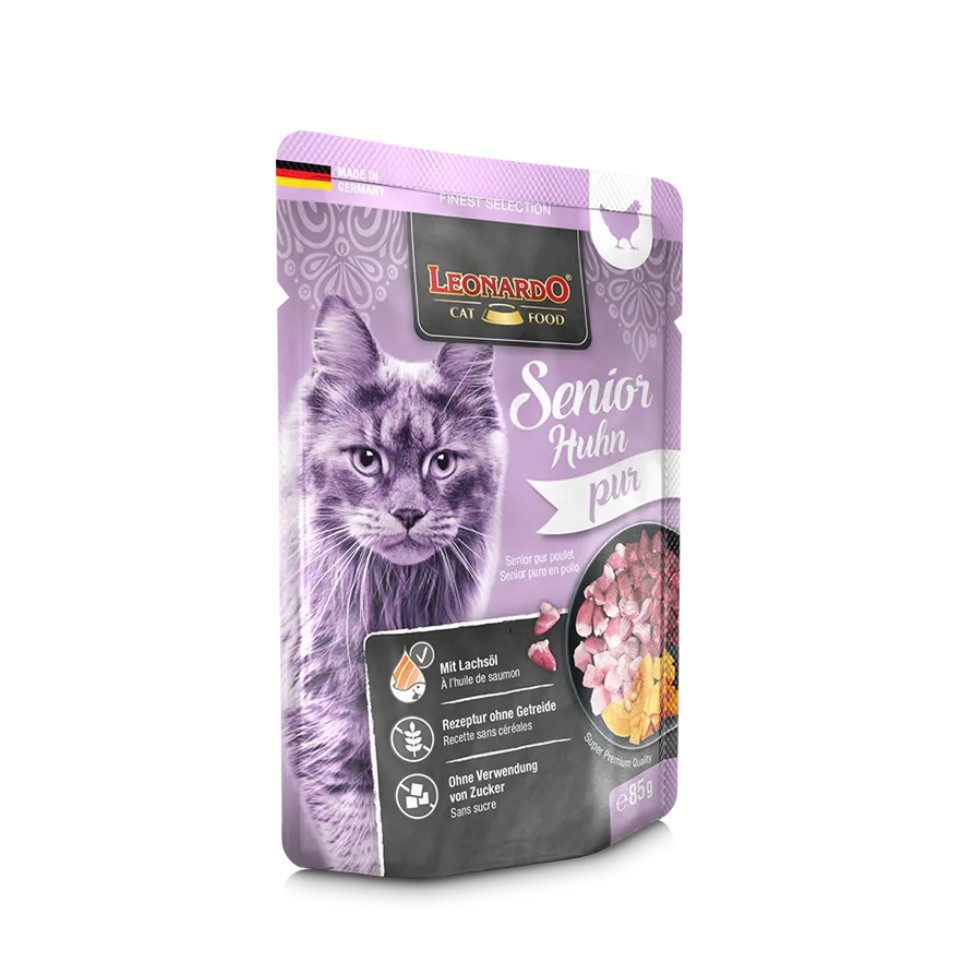Leonardo Catfood Senior Huhn Pur - getreidefreies Nassfutter für ältere Katzen 16x85g, Nassfutter für: Katzen